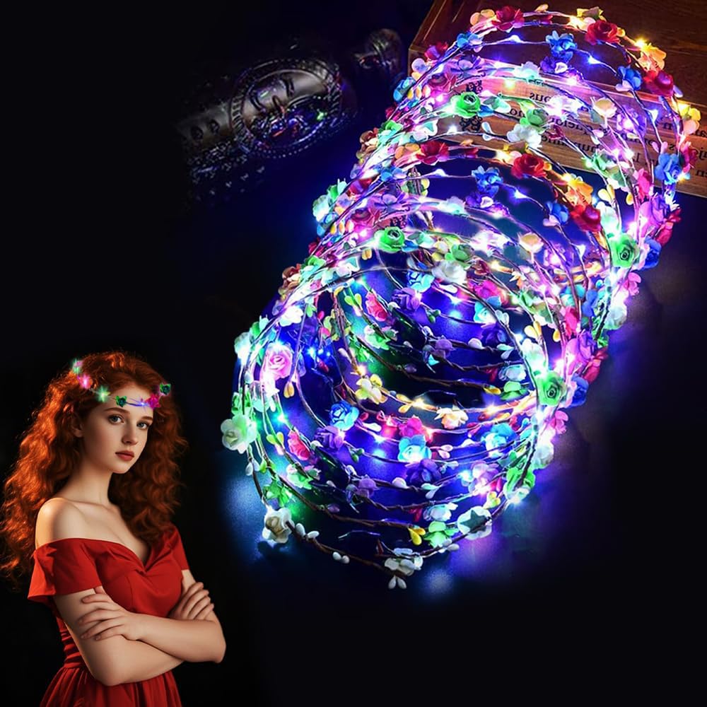 16 unidades Diadema LED Luminosas, LED Diadema Guirnalda, Diadema Decorativa Luminoso, led Headwear Floral Corona, LED intermitentes diademas, Diadema flores LED