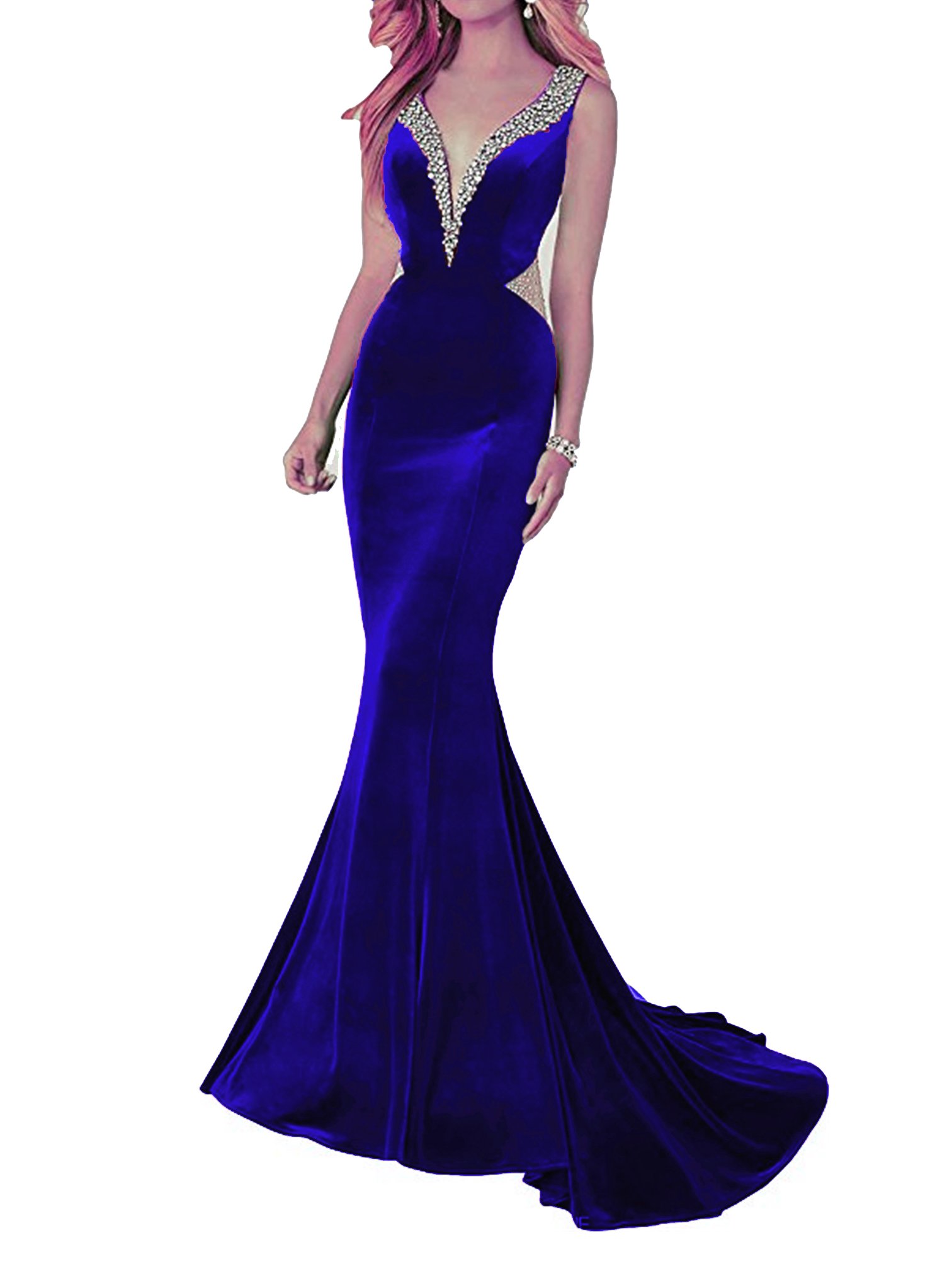 YSMei Womens Long Mermaid V Neck Evening Prom Dress Beaded Formal Party Gown 027