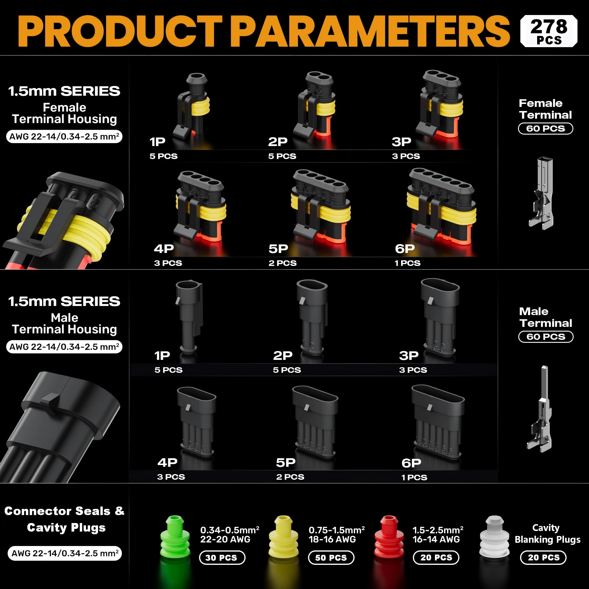 SOMELINE Kit de connecteurs automobiles étanches, Pince à sertir 0,34–2,5 mm², avec connecteurs 1/2/3/4/5 broches, outil de démontage | Pince à sertir compatible avec les connecteurs AMP série 1.5