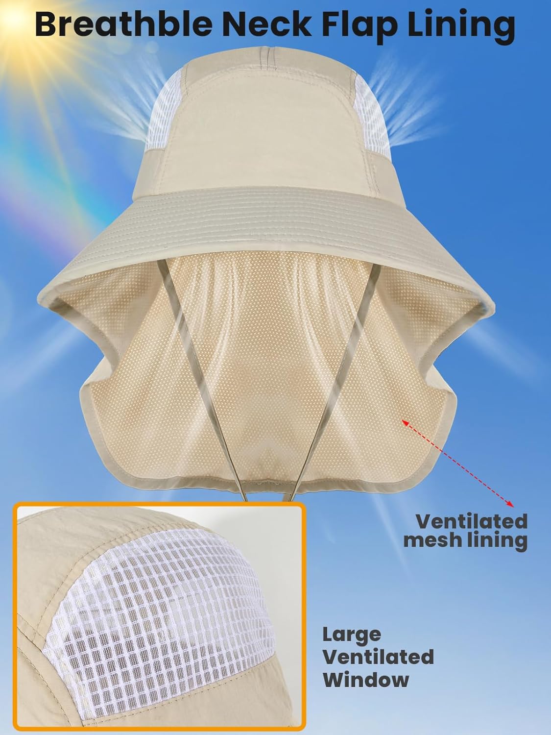 Sun Hats for Women UV Protection with Neck Flap Wide Brim Beach Hats with Ponytail Hole for Hiking Fishing Gardening Travel - Image 3