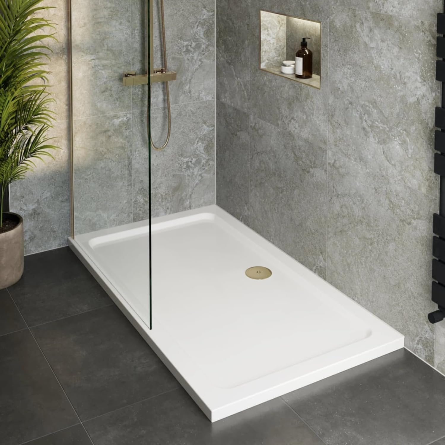 Hydrolux® 1100 x 900 x 45mm White Bathroom Low Profile Shower Tray for Enclosures Cubicles & Wet Room with Brushed Brass Waste, Rectangular