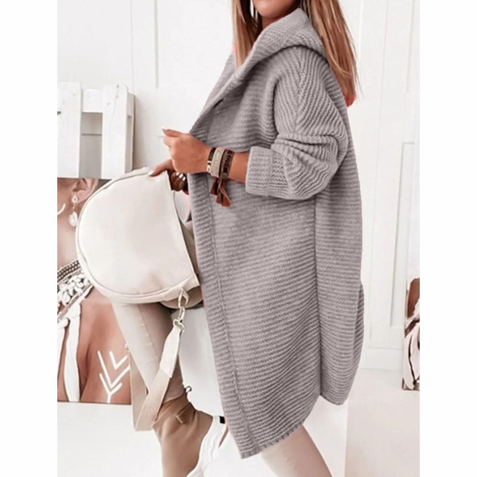 Strickjacken Für Damen Elegant Einfarbig Langarm Grobstrick Hoodie Jacke Mit Kapuze Herbst Winter Lang Strick Cardigan Oversize Open Front Sweater Outwear Outdoor Warm Strickcardigan Strickmantel