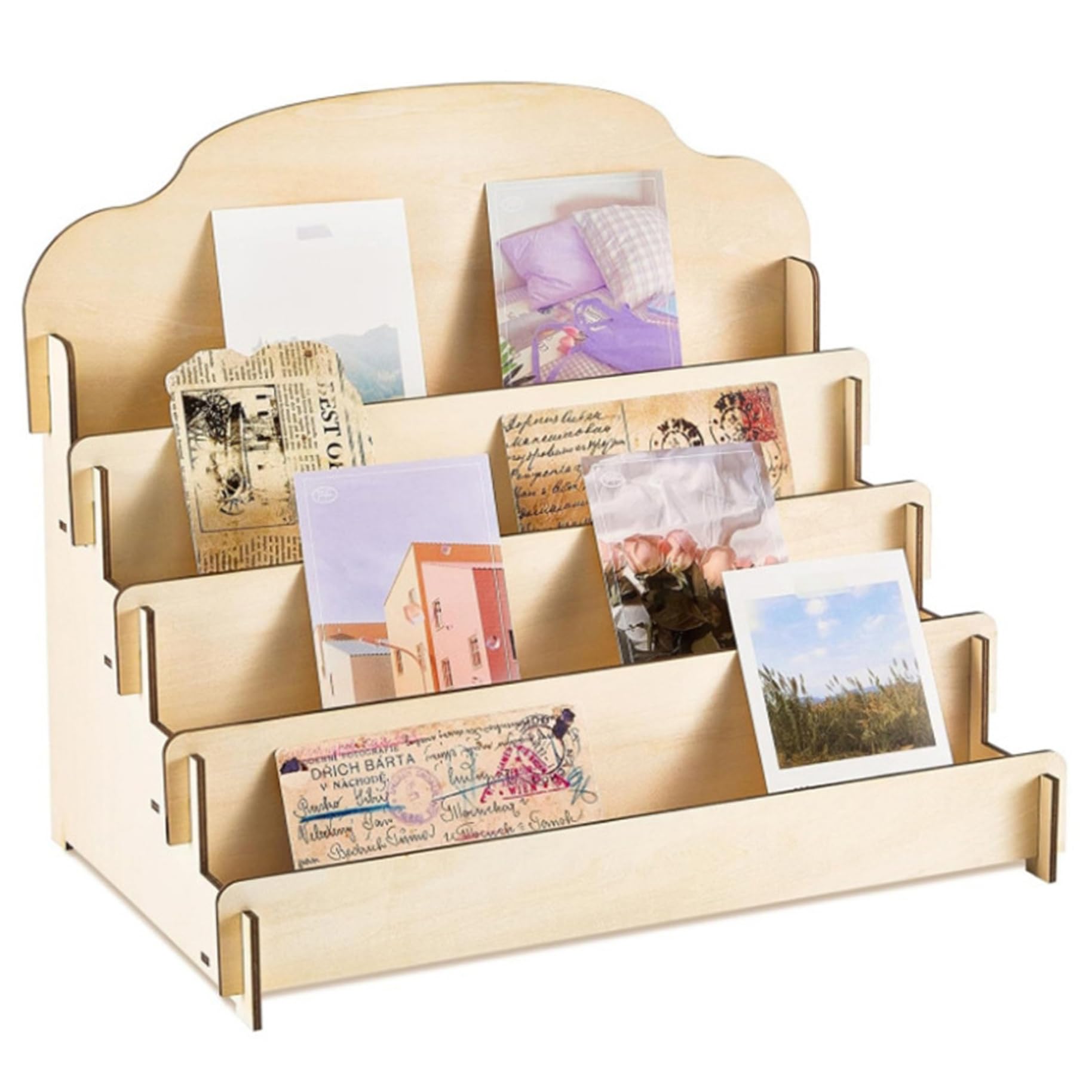 Vervevum Postcard Display, 4 Tiers Wooden Greeting Card Display, 15.6x10.3x14.2 Inch Card Stand for Craft Show, Brochure, Photos, Sticker, Retail, Sales Table, Greeting