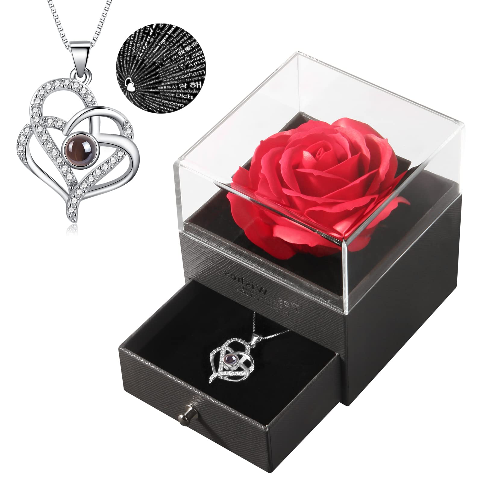 HeniniyForever Rose With I Love You Heart Necklace 100 Languages Projection, Birthday Gifts For Women, Romantic Valentine Gifts For Girlfriend Wife Mom Grandma, Eternal Rose Flower