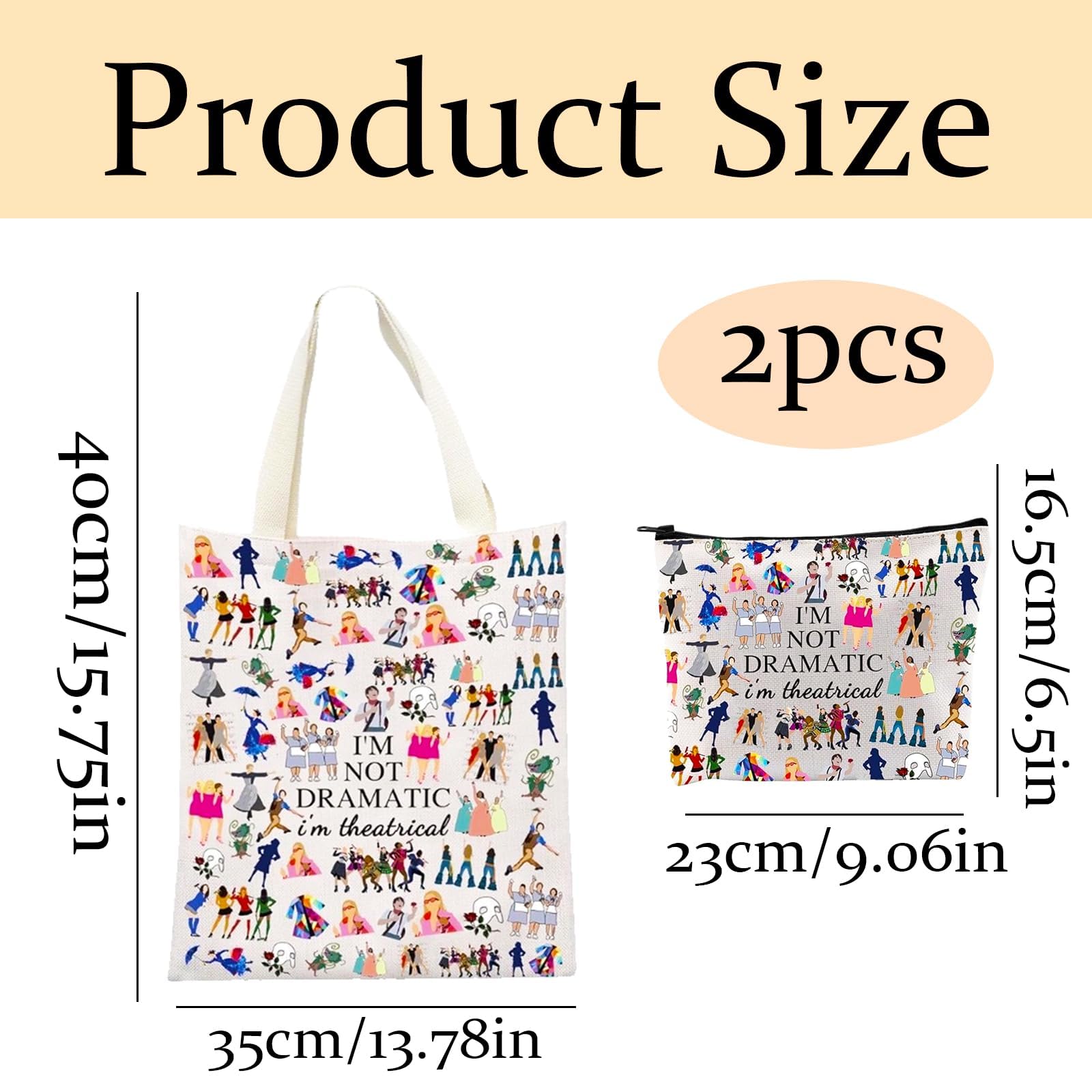 2 PCS Musical Theatre Gifts, Broadway Themed Canvas Makeup Bags and Tote Bags for Women Drama Teacher Gifts - Image 2