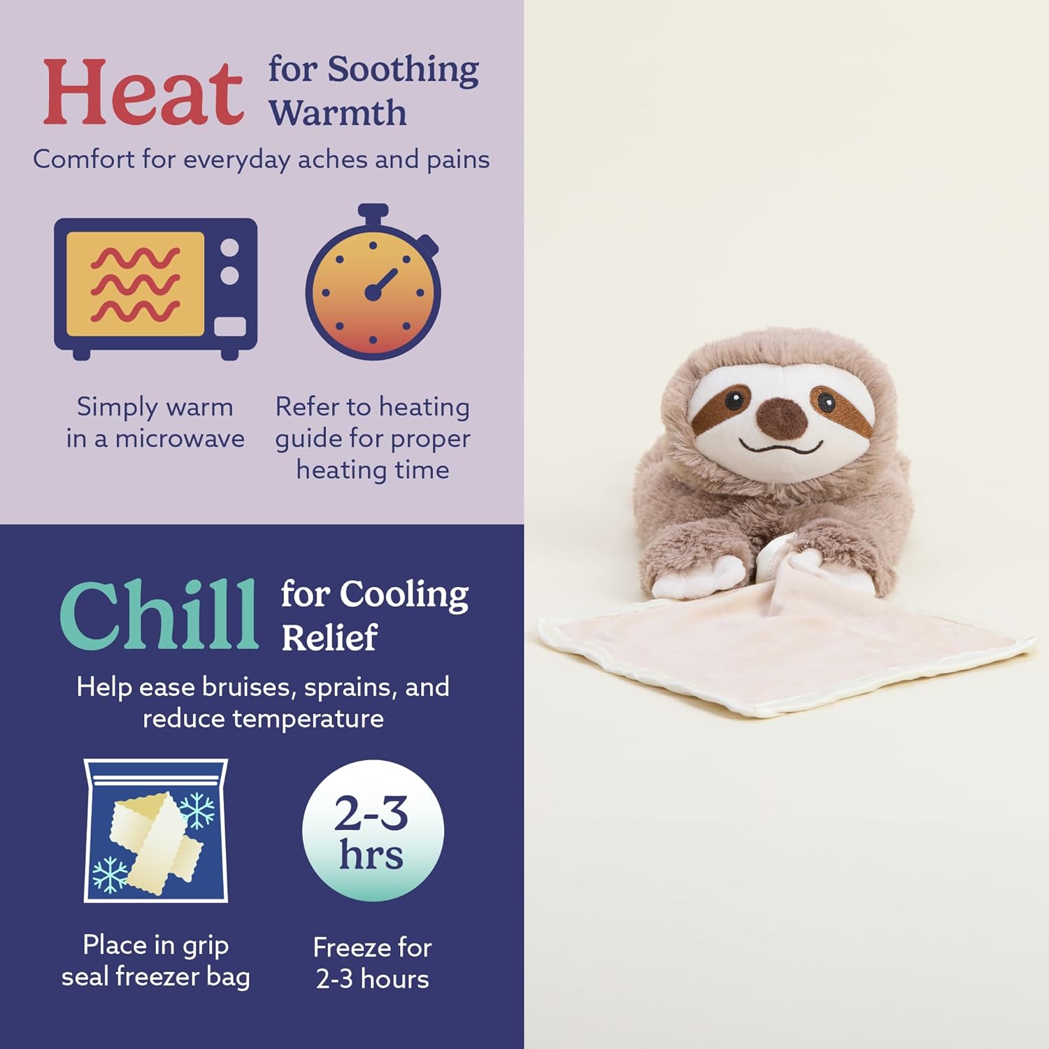 Warmies Stuffed Animal Security Blankets for Babies, Sloth - Microwavable & Weighted Stuffed Animal Blanket for Baby Boys & Girls - Cute Soft Plush Toys with Child Safe Design for All Ages