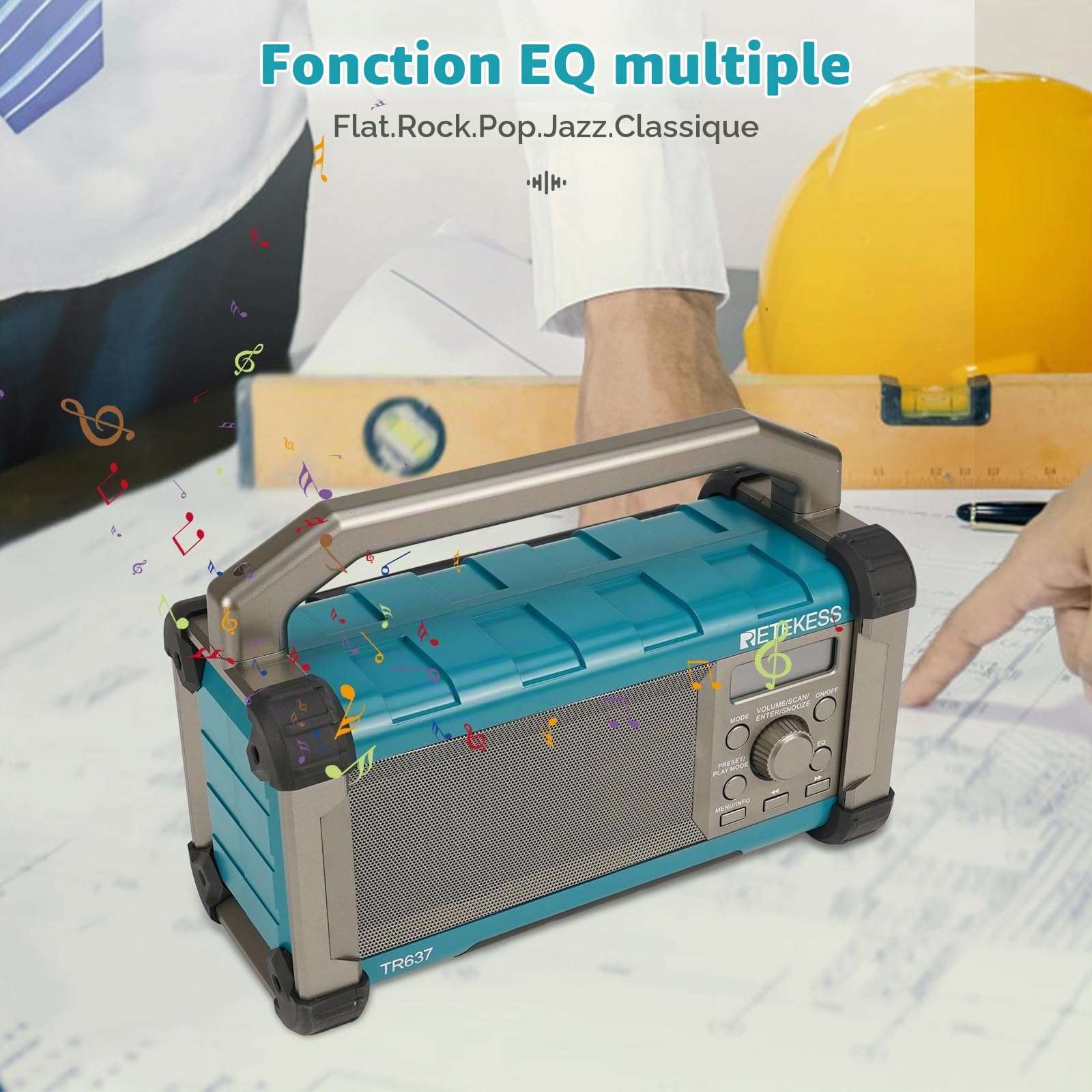 Retekess TR637 Radio de Chantier, Radios Portable | pour Chantier, Poste de Travail, FM/AM, 5000mAh Batterie, Étanche, Résistant aux Chutes, Port USB, Poignée