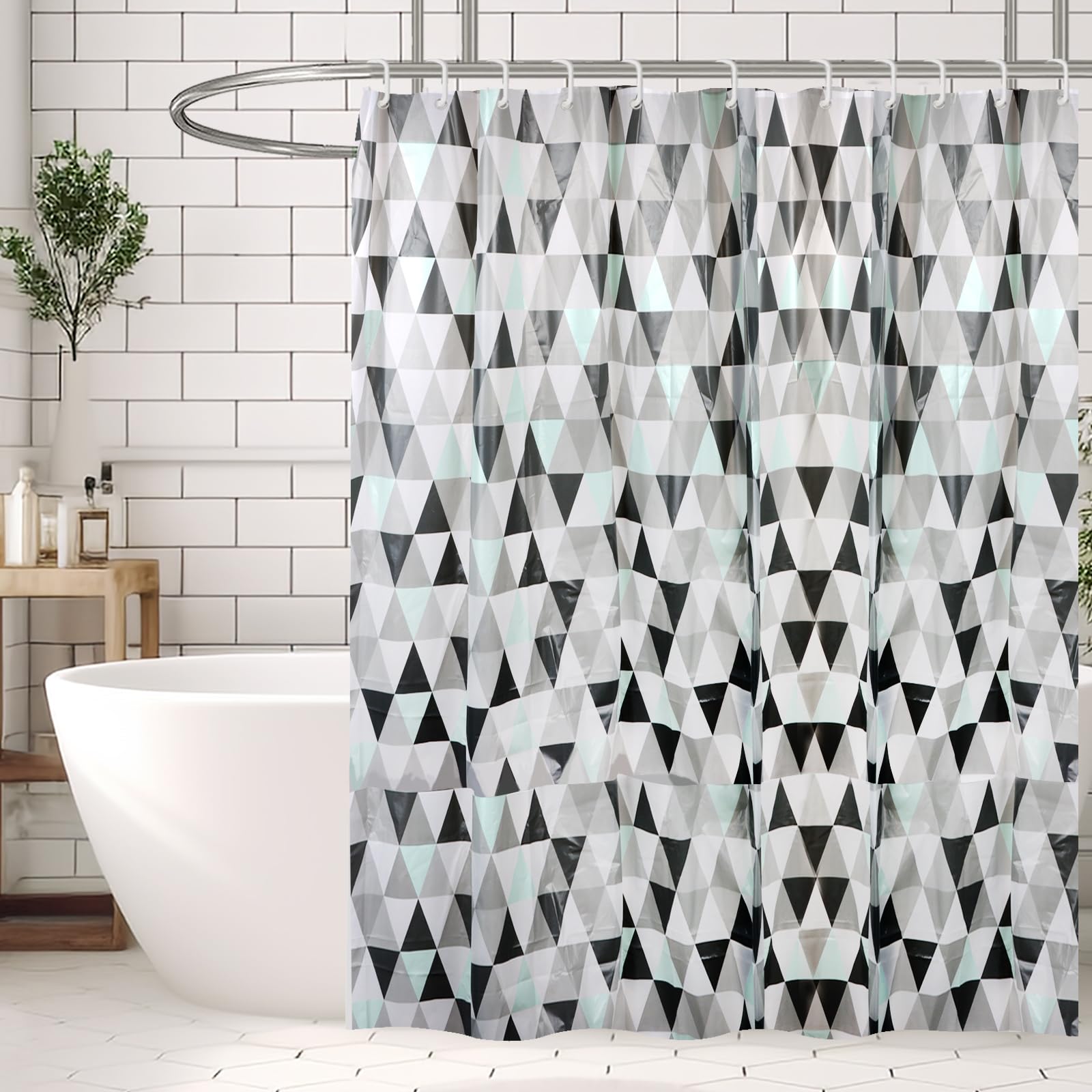 Minicoco Women's Triangular Diamond Shower Curtains Mould Proof Resistant Eva Washable Shower Curtain Anti-Mould Waterproof Shower Curtains With 12 Hooks For Wet Room, Bathroom, 180 X 180 Cm (Triangular Diamond)