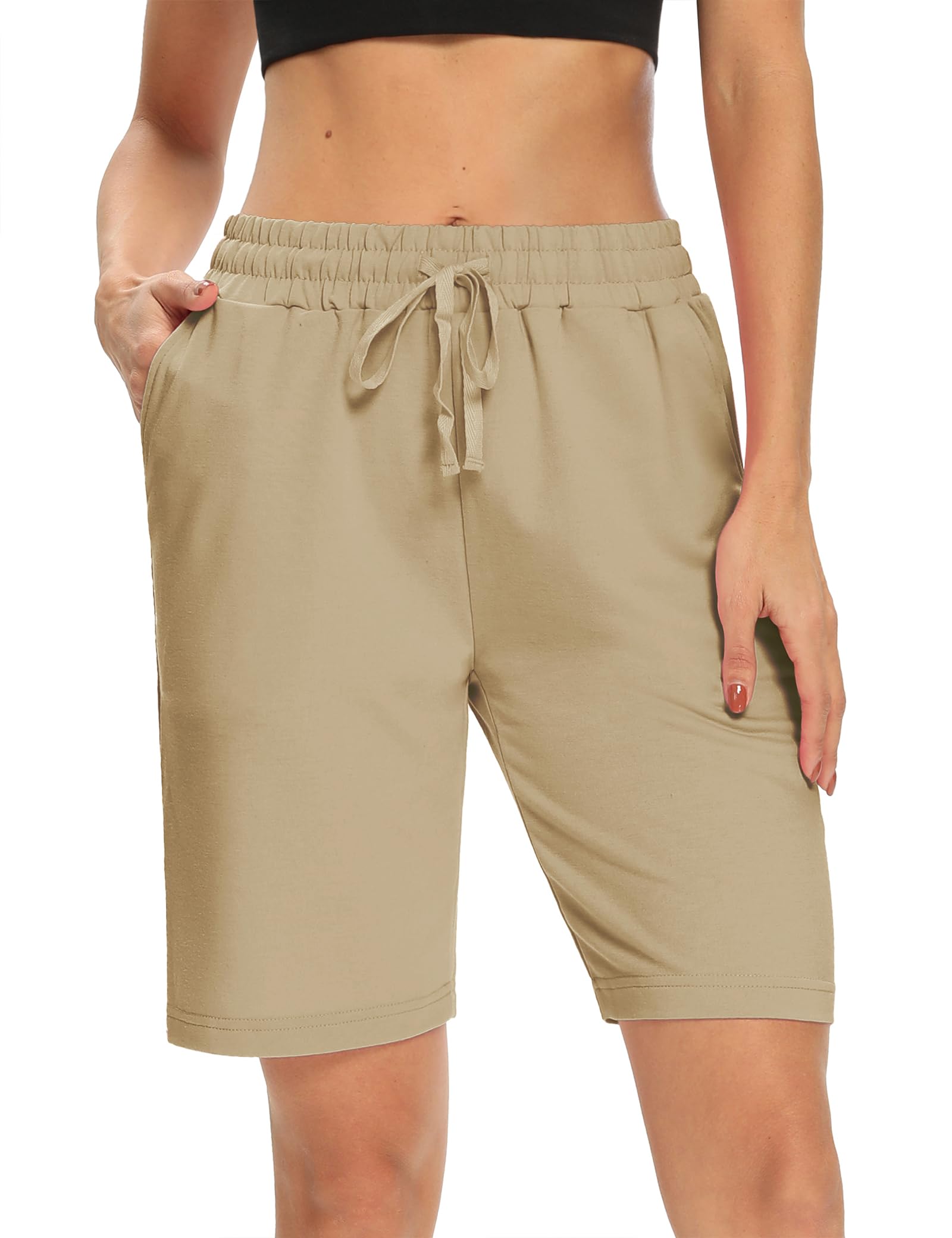 DIBAOLONG Damskie spodnie do jogi bootcut kontrola brzucha z kieszeniami, wysoka talia, długie legginsy treningowe, jasnobrązowy, L