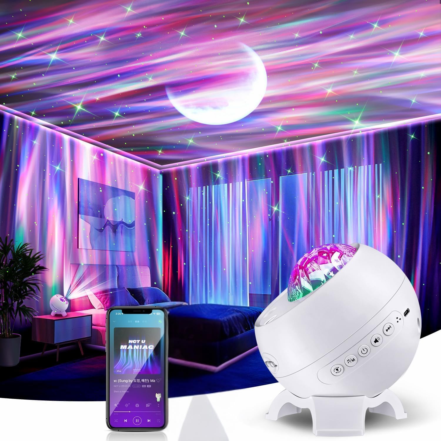 KOT® Galaxy Projector with Northern Lights & Aurora Effects, Bluetooth Speaker With 8 White Noise, 10 Colors,5 Star Moon Galaxy Projector with Auto Timer, Bedroom Light For Kids & Adults Gift(WH-E12B)
