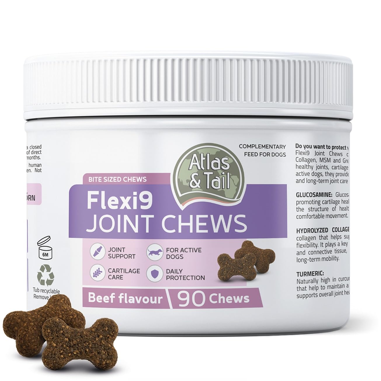 Hip and Joint Support Chews for Dogs - Glucosamine, MSM, Collagen, Green Lipped Mussel, Fish Oil, Turmeric & Boswellia - Natural Beef Flavor - Atlas & Tail Flexi9 90 pcs