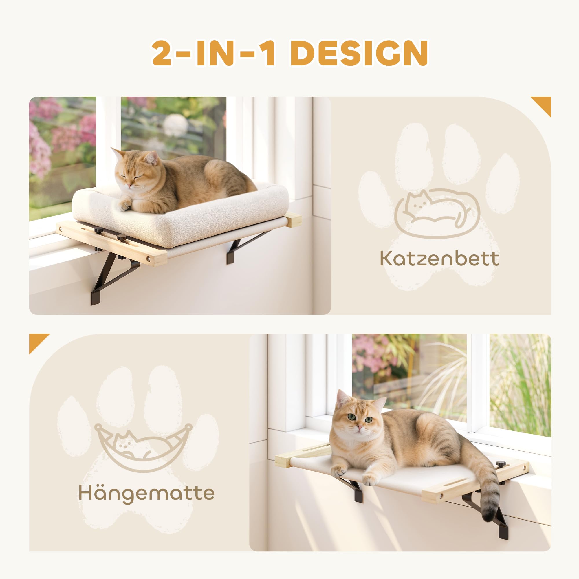 PawHut Heizungsliege, 50x36cm Katzen Katzenliege mit Verstellbarer Halterung, abnehmbarem, maschinenwaschbarem Kissen, Katzenbett Hängematte Heizkörper Katze, Cremeweiß