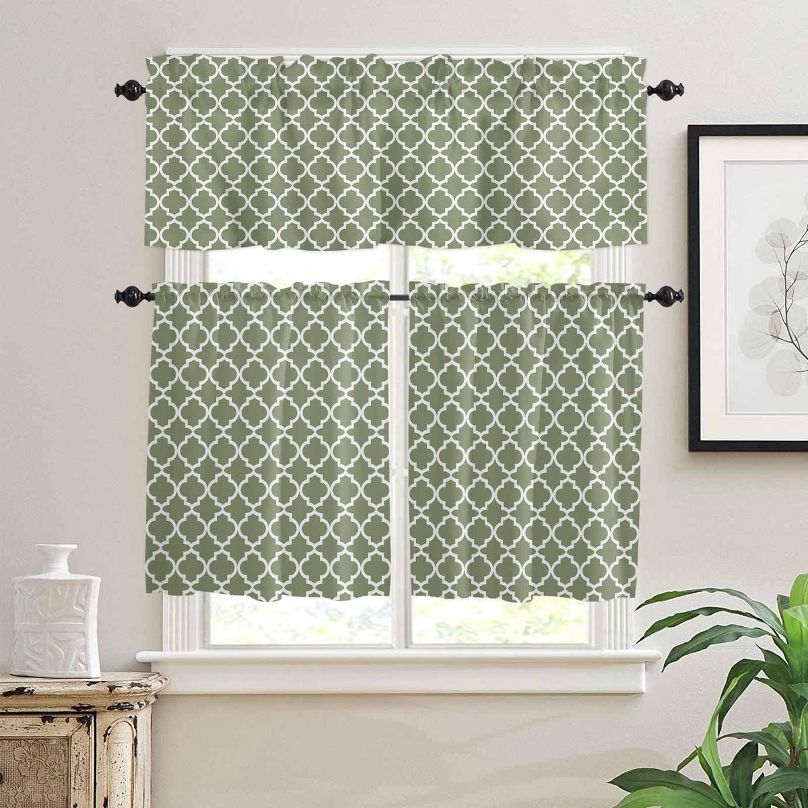 Green Morocco Kitchen Curtains 36 Inch Length,3 Piece Rod Pocket Small Half Tiers and Valance Set,Boho Farmhouse Abstract Geometric Simple Small Large Window Treatment Decor for Bedroom/Bathroom Sink