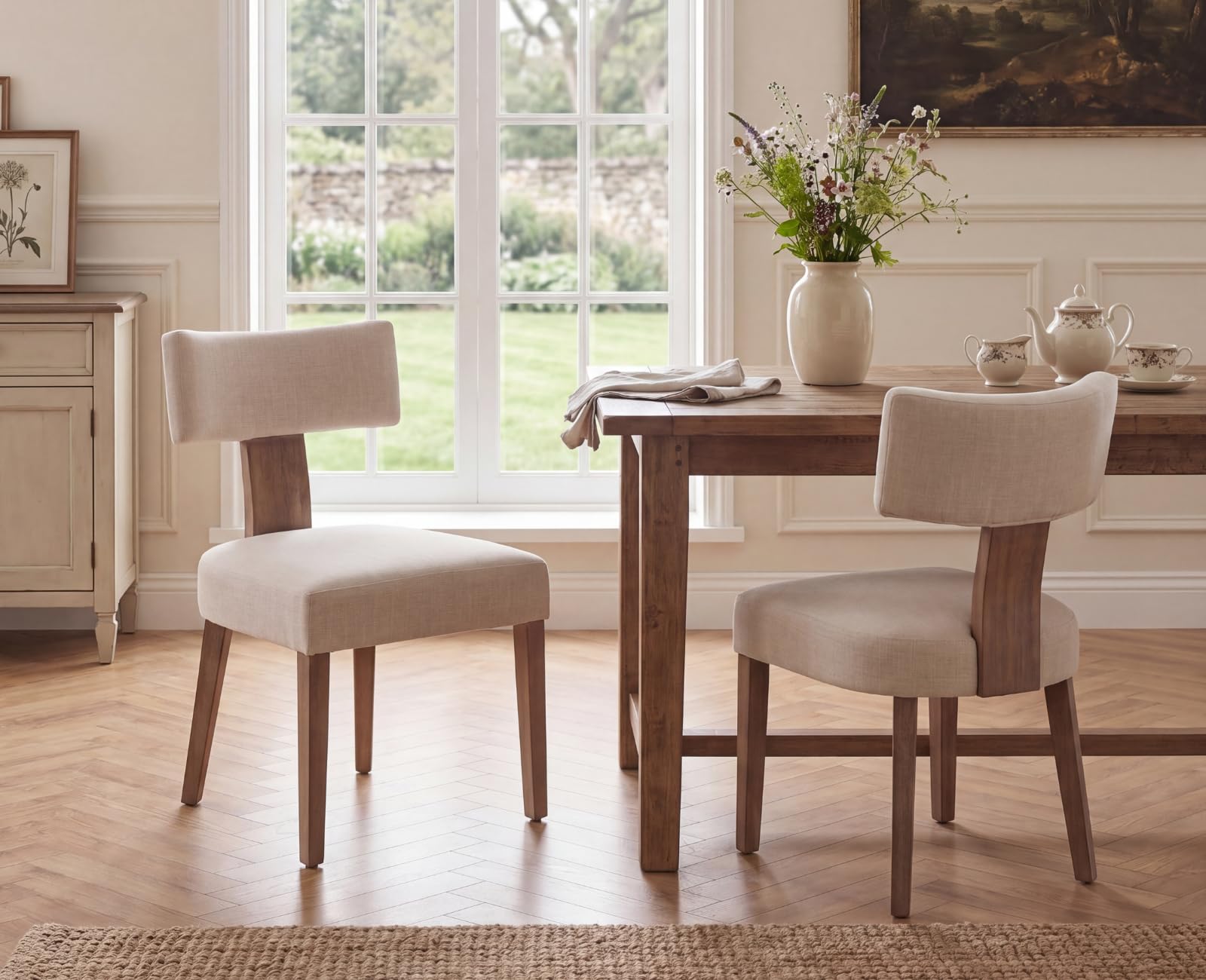 Ya-Home Juego de 2 Silla de Comedor Silla Cocina Marco de Madera,Beige | Asiento Tapizado de Lino, Patas de Madera Antideslizante, Respaldo Curvo, 15cm Cojin Grueso, para Hogar/Restaurante
