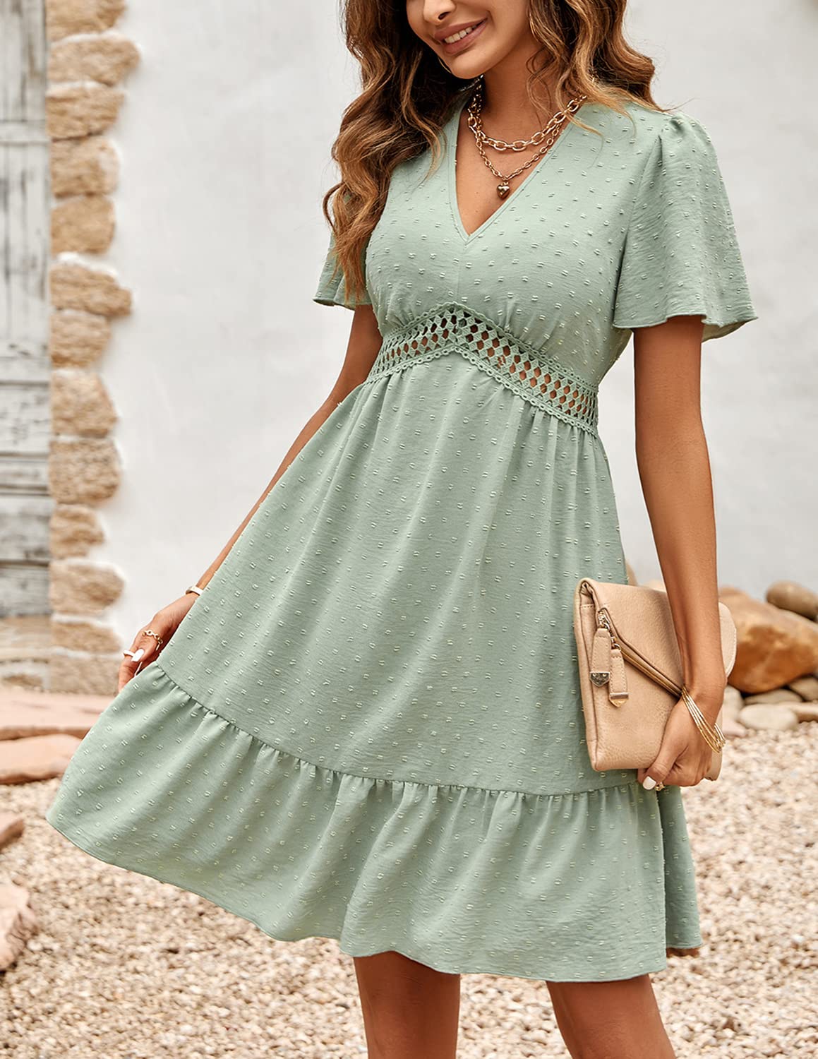 Femme Robe de Eté Col en V Elégant Pois Volants Taille Haute Manches Courtes/Longues Décontractée A-Ligne Mini Robes