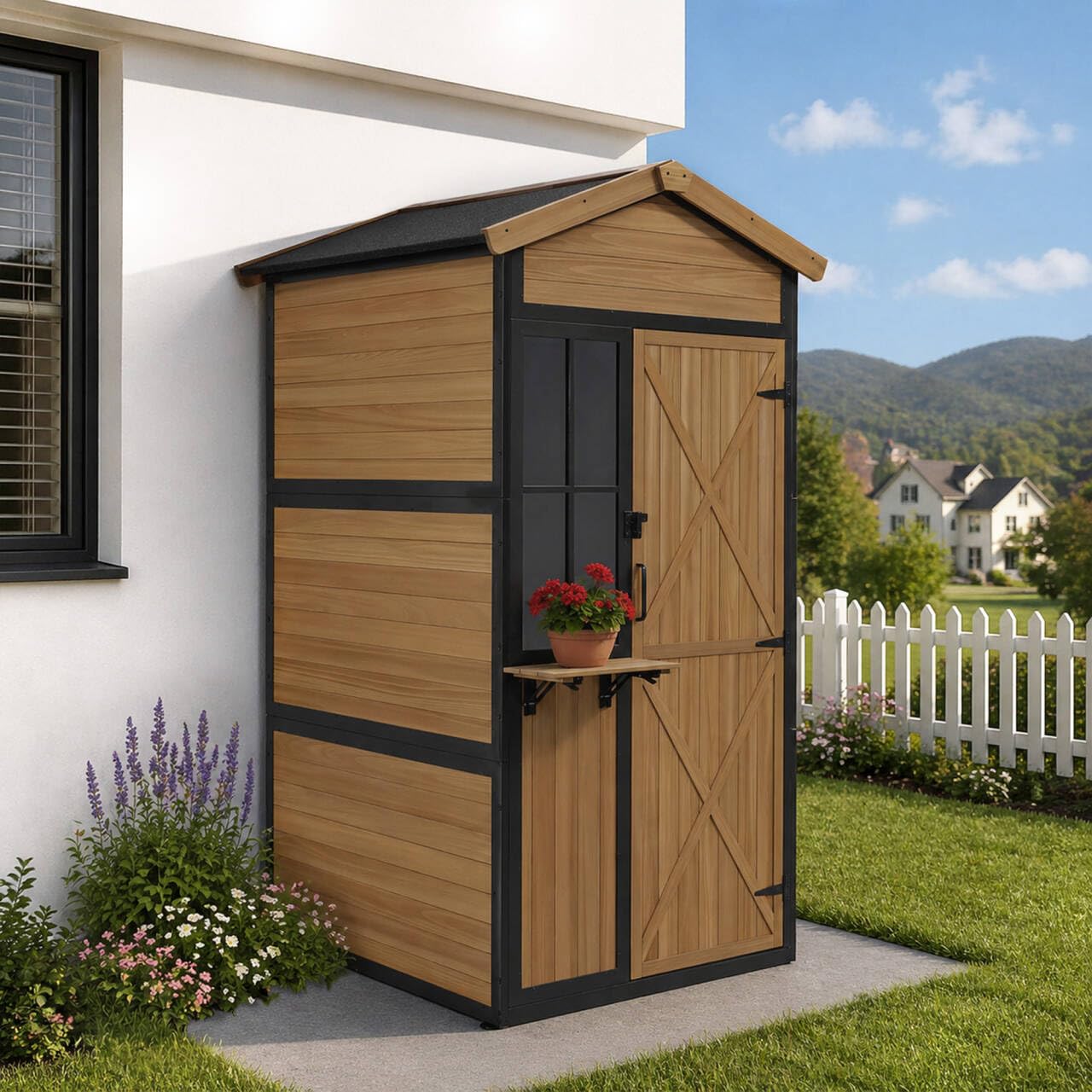 MCombo Gartenschrank Holz Metallgestell, Natur, 2750 | 3 Ablagen, Wetterfest, Wasserdicht, Für Außenbereich, Garten & Terrasse