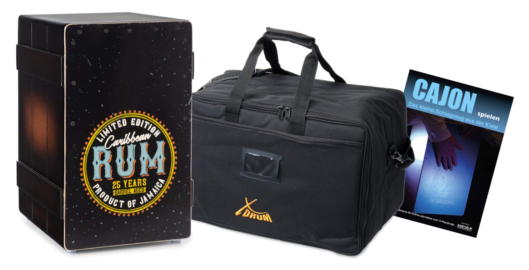 XDrum Design Series Cajon "Rum" Set inkl. Tasche + Schule, 5 cm, Gewicht 3 | Designer-Cajon mit Vintage-Aufdruck, Integrierter Bass Port, Korpus: HPL (High Pressure Laminate), Durchsetzungsstarker Bass