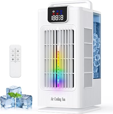 Aire acondicionado portátil, aire acondicionado personal de 2000 ml, mini aire acondicionado, ventilador evaporativo con oscilación de 120°, 7 modos de luz RGB, 4 velocidades y temporizador de 1 a 8