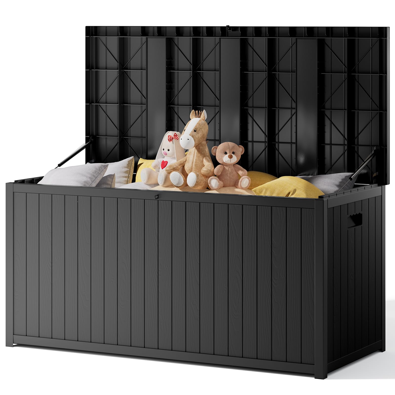 The Fellie Lockable Gadern Storage Box, 430L Outdoor Storage Box Waterproof, Plastic Garden Sotrage Box for Garden Tools, Cushions Toys, 125x56x61.5 cm, Black
