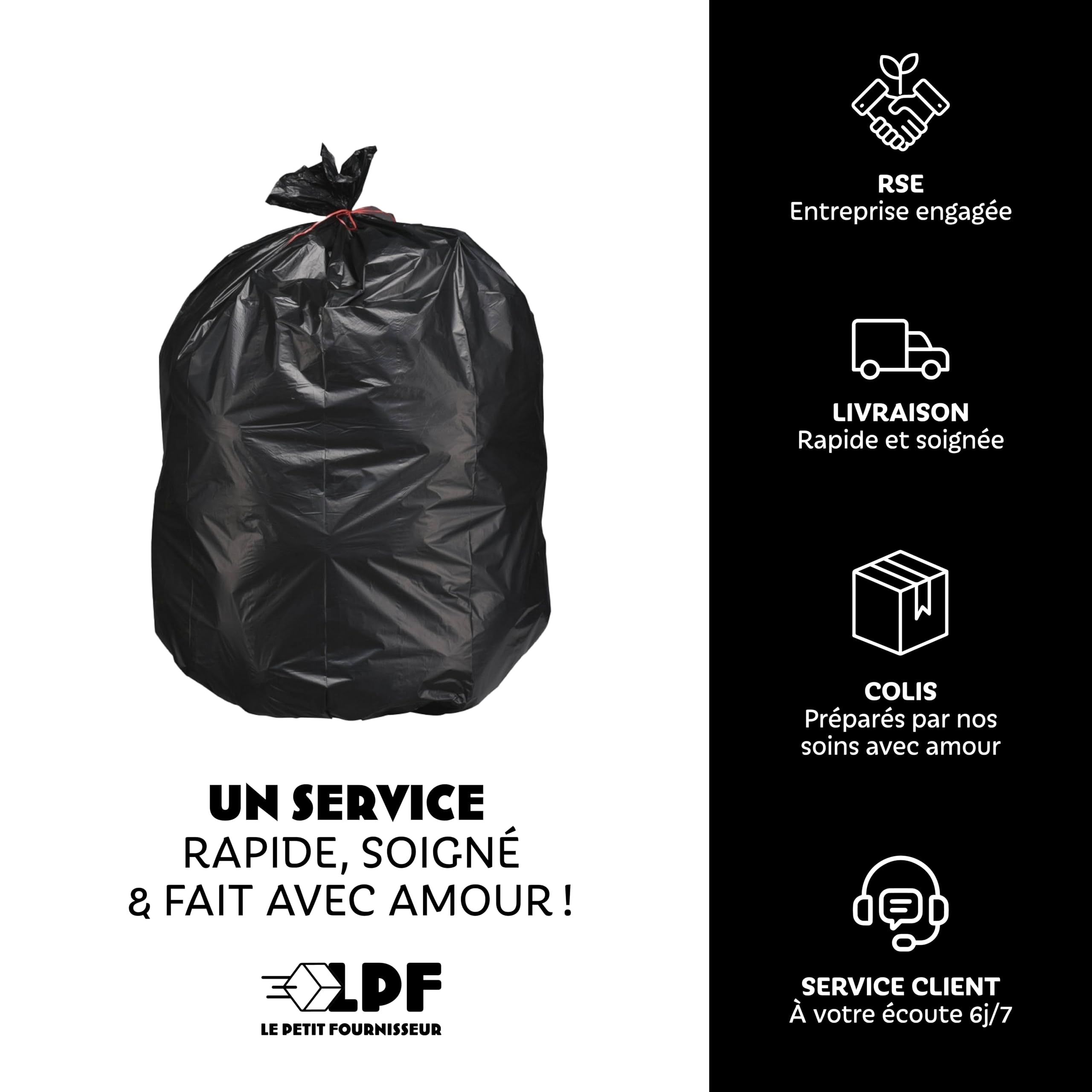 LPF LE PETIT FOURNISSEUR - Lot de 200 Sacs Poubelle 50L - Sacs Grand Volume - 100% Recyclable - 35µ - PEBD recyclé - Qualité Professionnelle - Haute Résistance poids et objets coupants - Couleur Noir