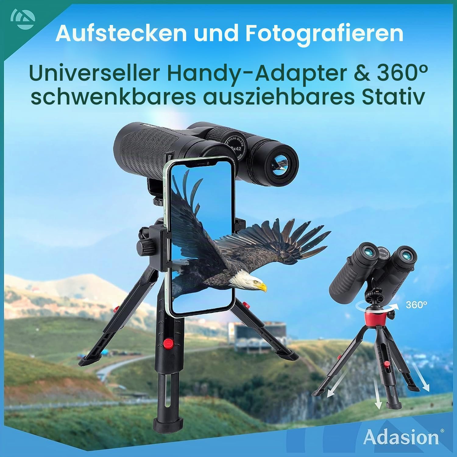 Adasion Fernglas für Erwachsene, Fernglas Klein Wasserdicht 12 x 42 mit Handy Adapter und Stativ, Superhelle Leichte Ferngläser für Vogelbeobachtung Jagd Sport Wandern Kreuzfahrt Reisen Konzert
