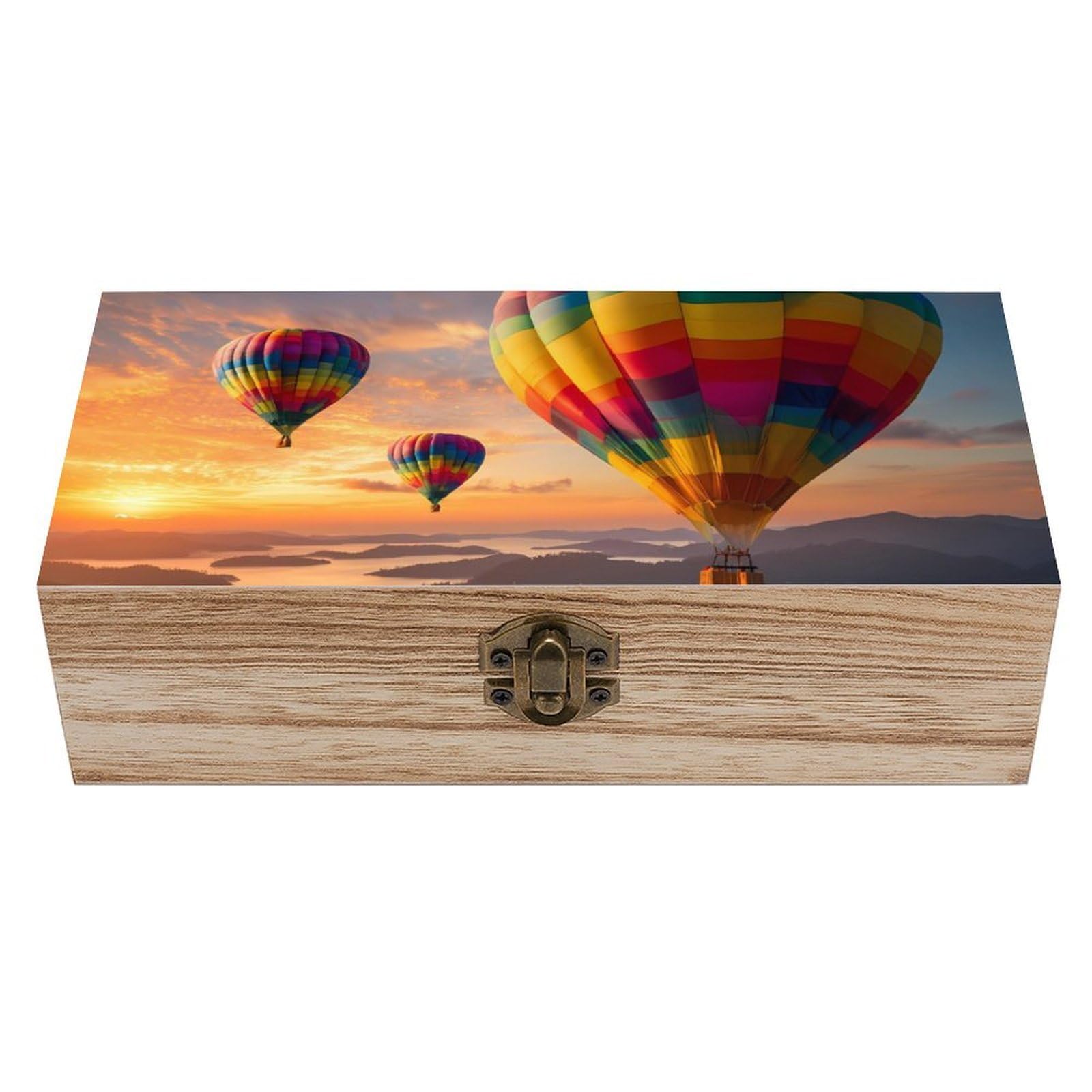 HLBSDM Hot Air Balloons Sky Sea Sunset Wooden Box with Hinged Lid Decorative Storage Case Container