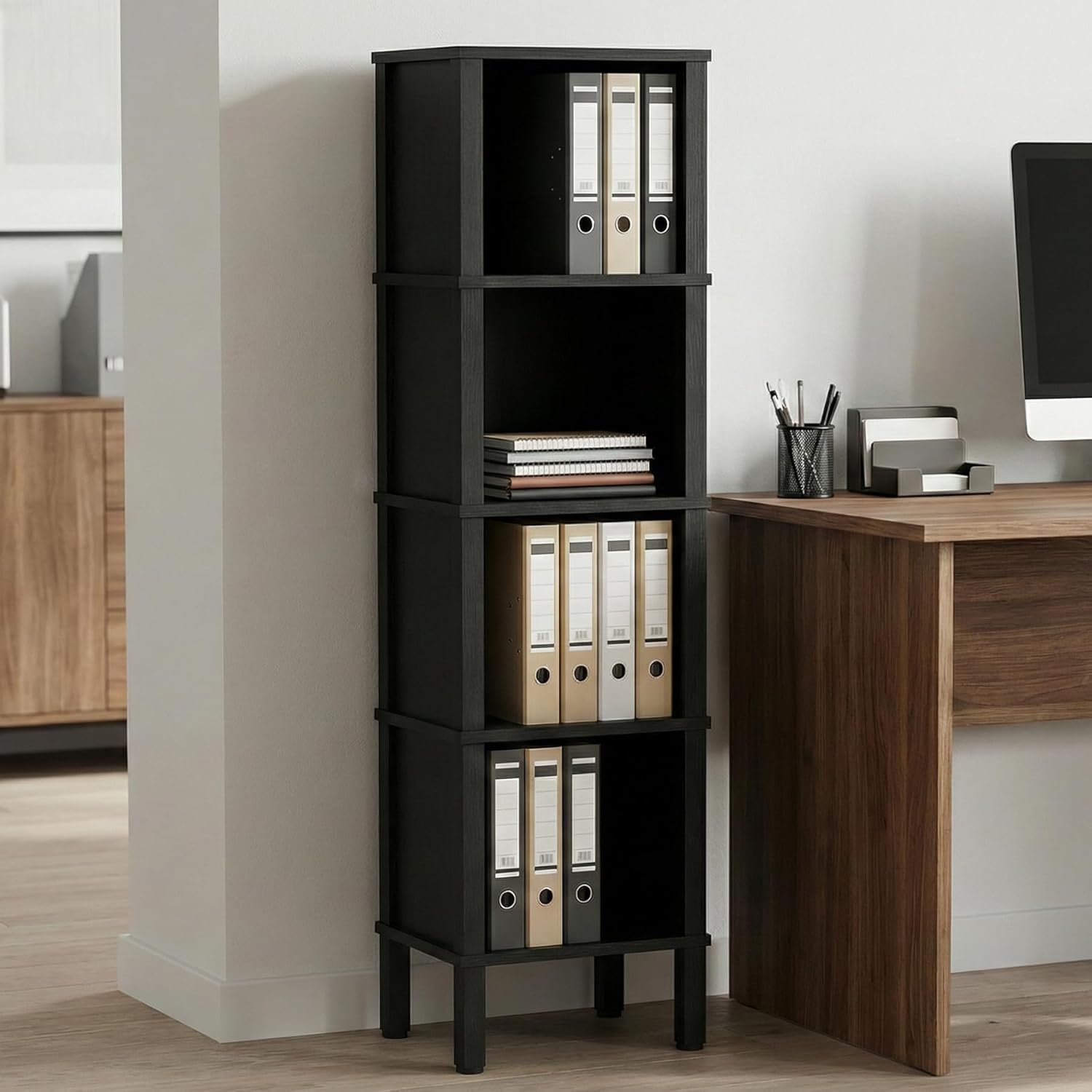 LAATOOREE 4-Tier Narrow Bookshelf for Small Spaces, Modern Cube Bookcase, Skinny Storage Shelving Unit, Open Display Rack, 14.2 x 11.2 x 52 inches, for Bedroom, Living Room, Home Office, Corner