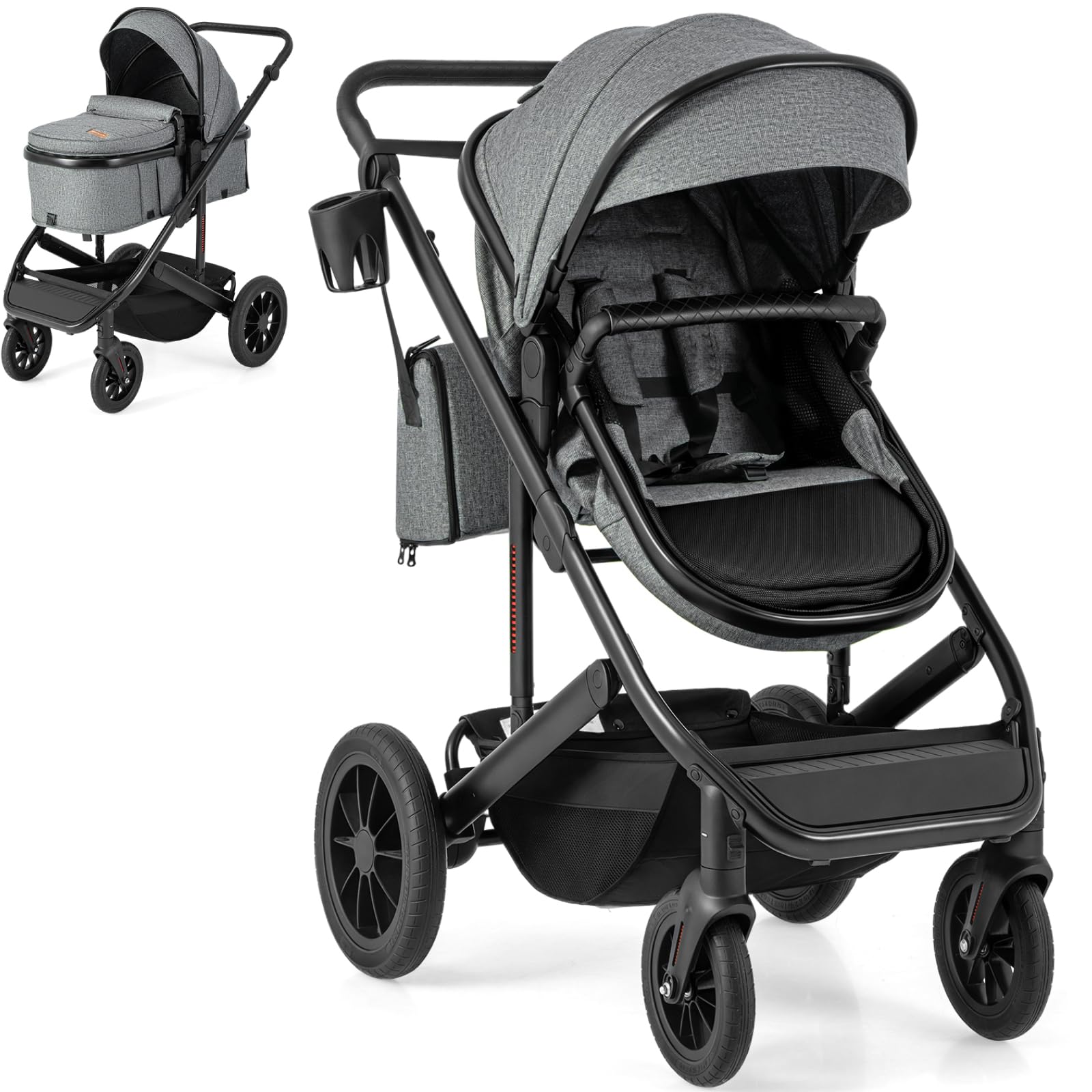 Maxmass Baby Pushchair, 3-in-1 Foldable Infant Stroller with Reversible Seat, Detachable Bassinet, Diaper Bag, Adjustable Canopy & Handle, Newborn Travel Buggy for 0-3 Years Old (Gray)
