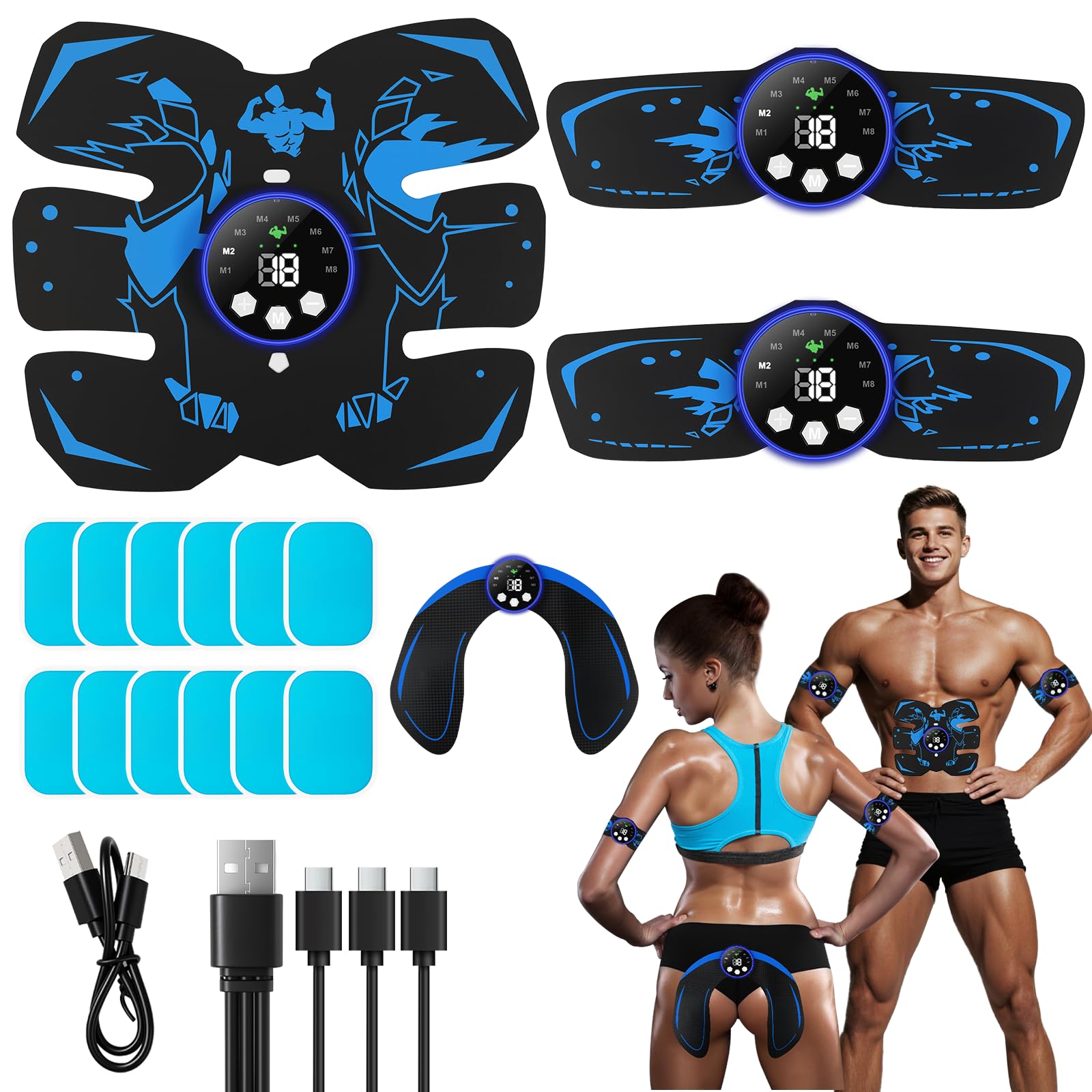 EMS Trainingsgerät, 8 Modi & 29 Intensitäten, Bauchmuskeltrainer EMS Trainingsgerat, Bauchtrainer, 12 Stück Ersatz-Hydrogels, USB Wiederaufladbar EMS Bauchtrainer Ganzkörper ABS/Bauch/Arm/Bein