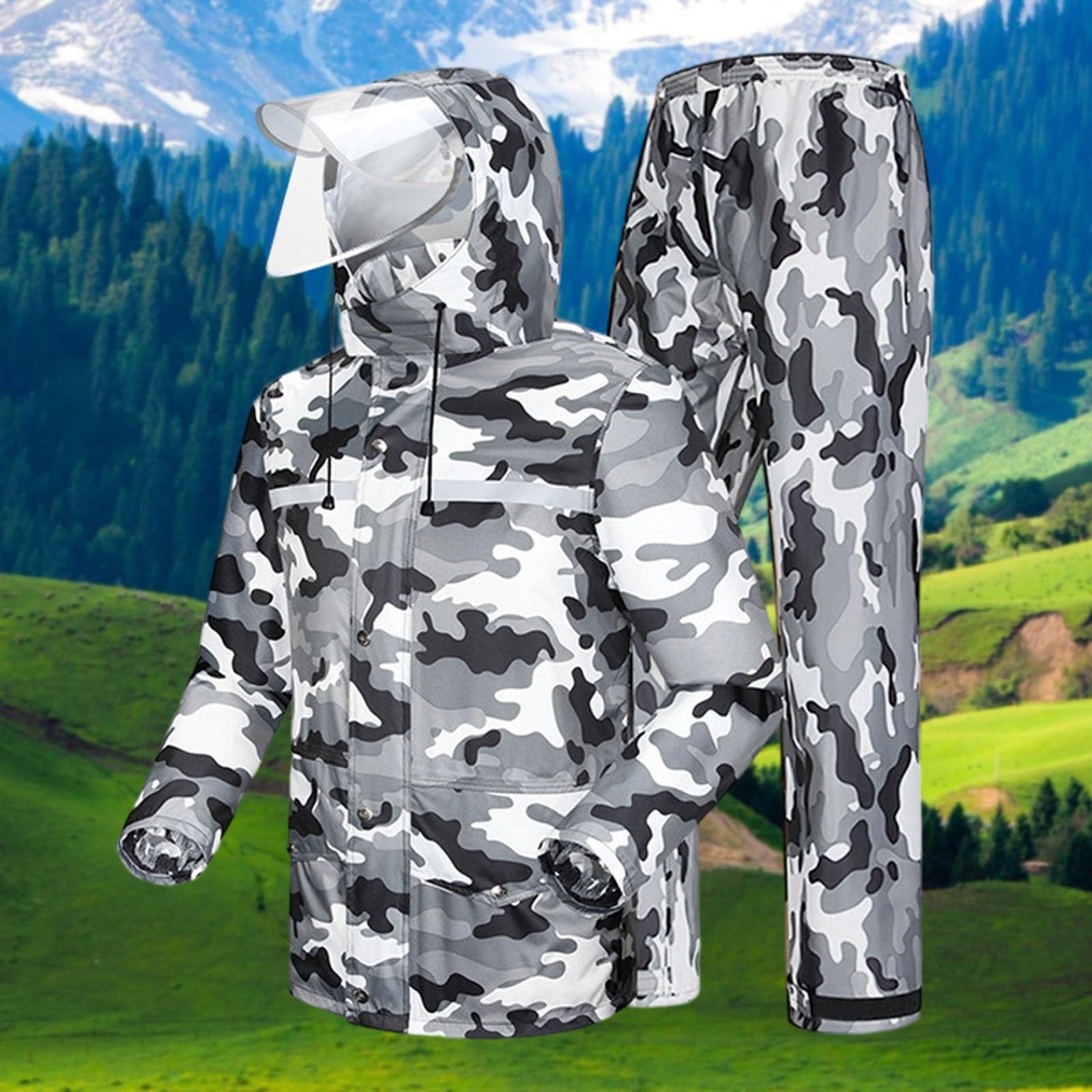 Generisch Traje de lluvia para hombre y mujer, de camuflaje, impermeable, chubasquero y pantalones a prueba de viento para trabajo, senderismo, bicicleta