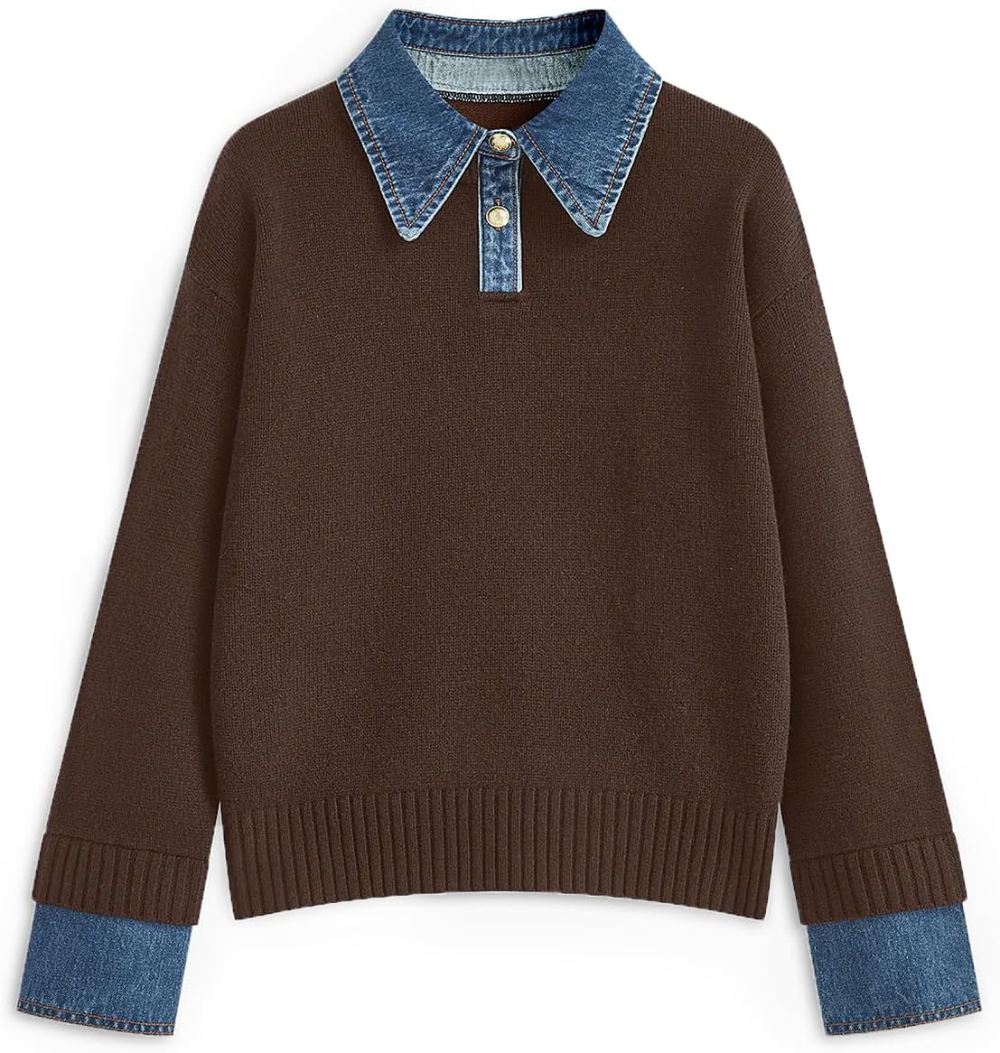 ETCYY Womens Oversized Sweater Cozy Fall Long Sleeve Button Up Denim Polo Pullover Tops Sweatshirt Tunic Collared Sweaters