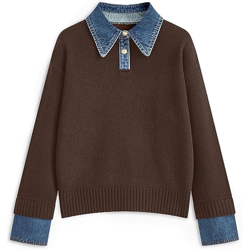 ETCYY Womens Oversized Sweater Cozy Fall Long Sleeve Button Up Denim Polo Pullover Tops Sweatshirt Tunic Collared Sweaters