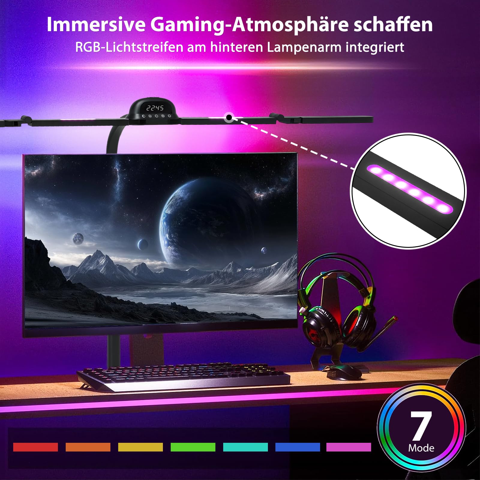 Lámpara de escritorio LED con RGB, 120 cm, regulable, lámpara de luz diurna con sensor de movimiento, sensor de luz, mando a distancia, reloj, para oficina, lectura, arquitectos, sastres