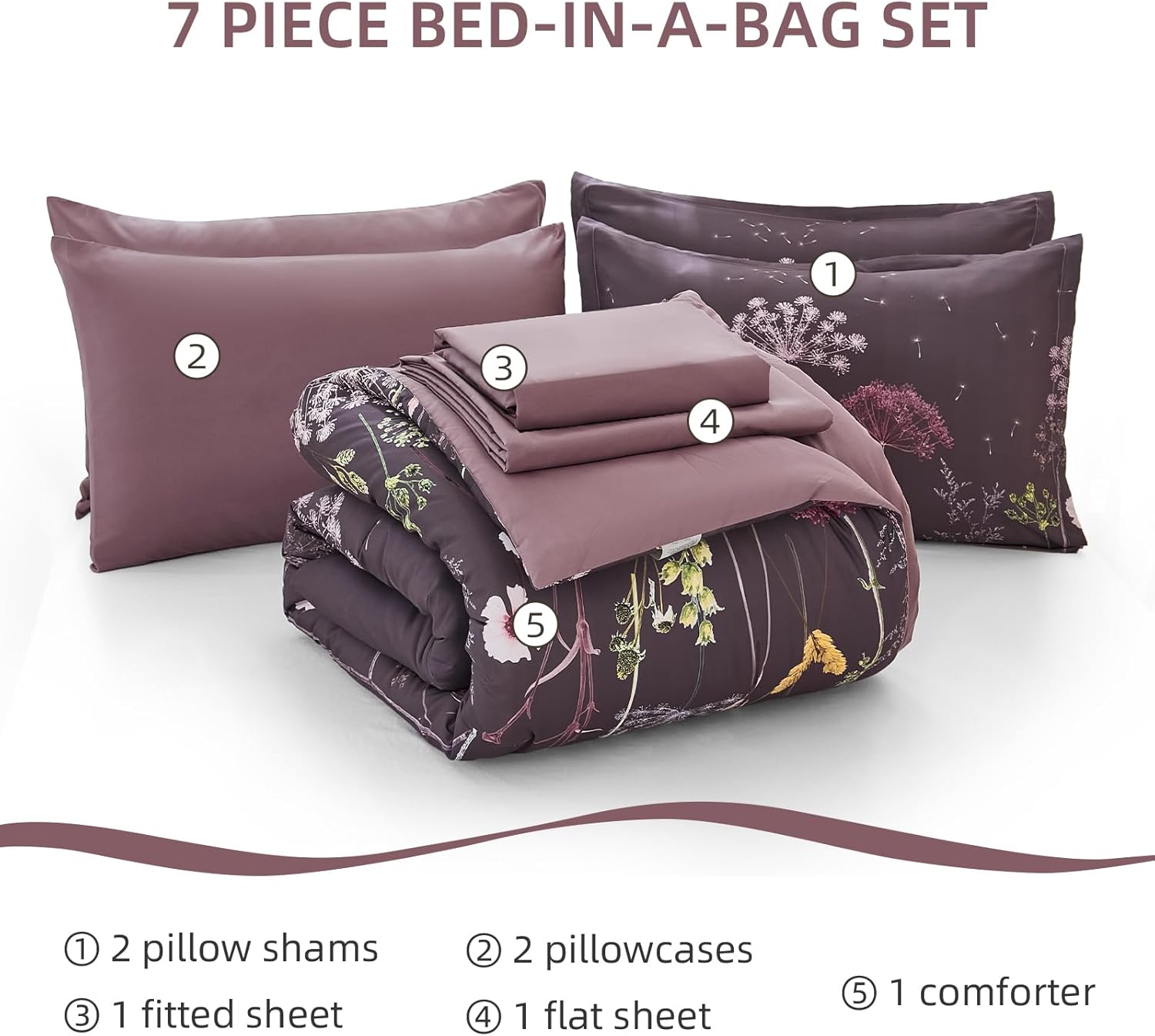 Yiran Purple Comforter Set Queen Size, 7 Piece Floral Dandelion Comforter Bedding Set, Botanical Bed in a Bag Queen, Soft Microfiber Complete Bedding Set with Sheets for All Season
