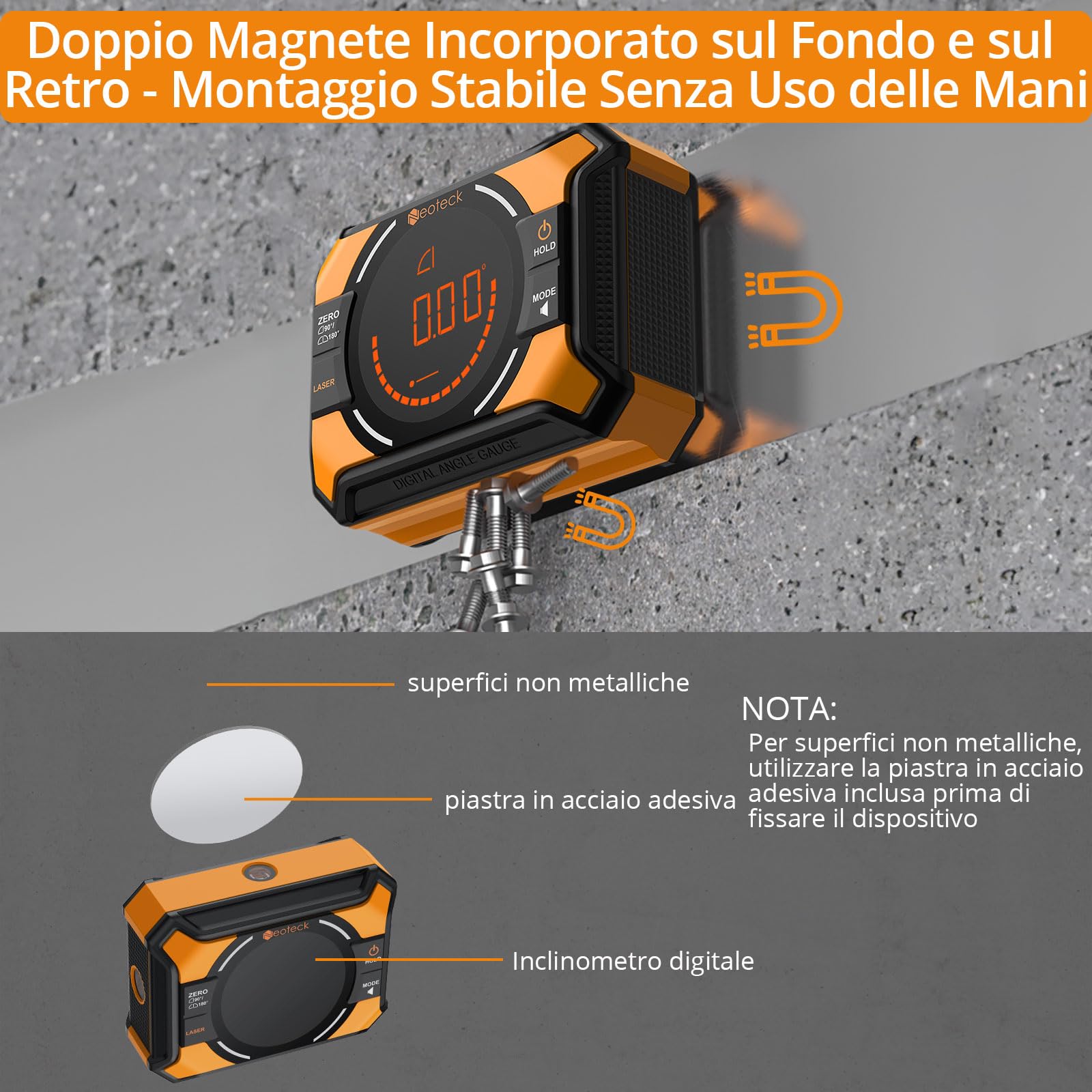 Neoteck 4x90° Inclinometro Digitale con 2 Laser - Livella Digitale Ricaricabile 2 Lati Magnetici Schermo LED Retroilluminato Doppia Bolla Elettronica per Falegnameria, Bricolage e Cantieri