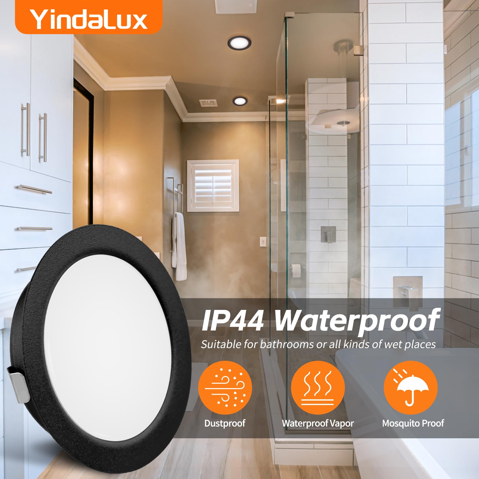 YindaLux Zestaw 6 reflektorów LED do zabudowy, 230 V, 3 W, 3000 K, ciepła biel, reflektor LED, ultra płaski, 300 lm, otwór 55-58 mm i 15 mm, płaski, IP44 lampa do zabudowy meblowej LED do szafki z