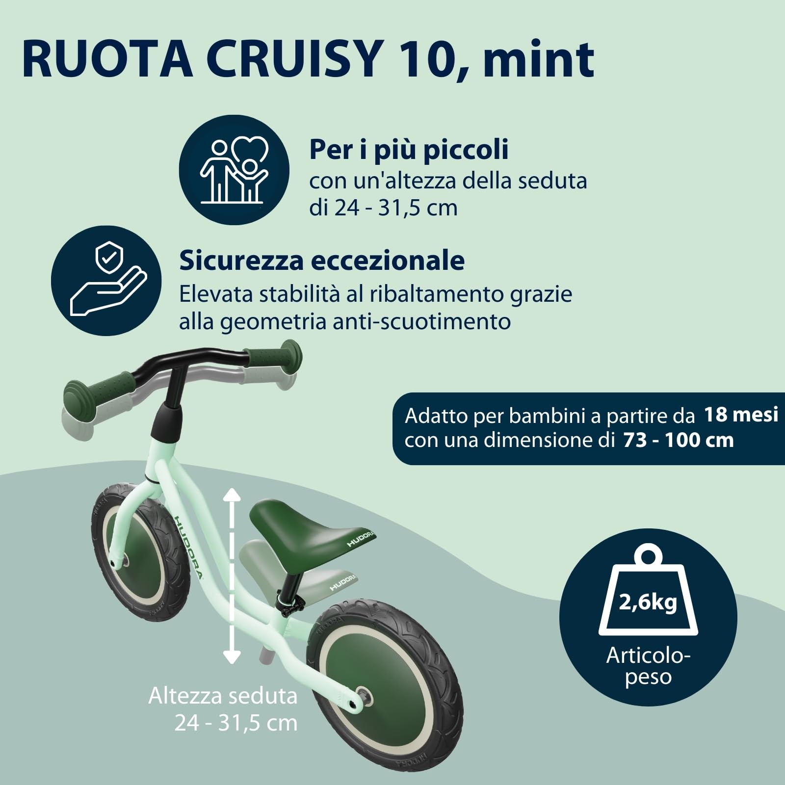 Hudora Bicicletta Cruisy in mint - Bicicletta senza pedali da 15 mesi - Bicicletta leggera con sellino regolabile - Bicicletta per bambini da 78-100 cm - Bici robusta per bambini