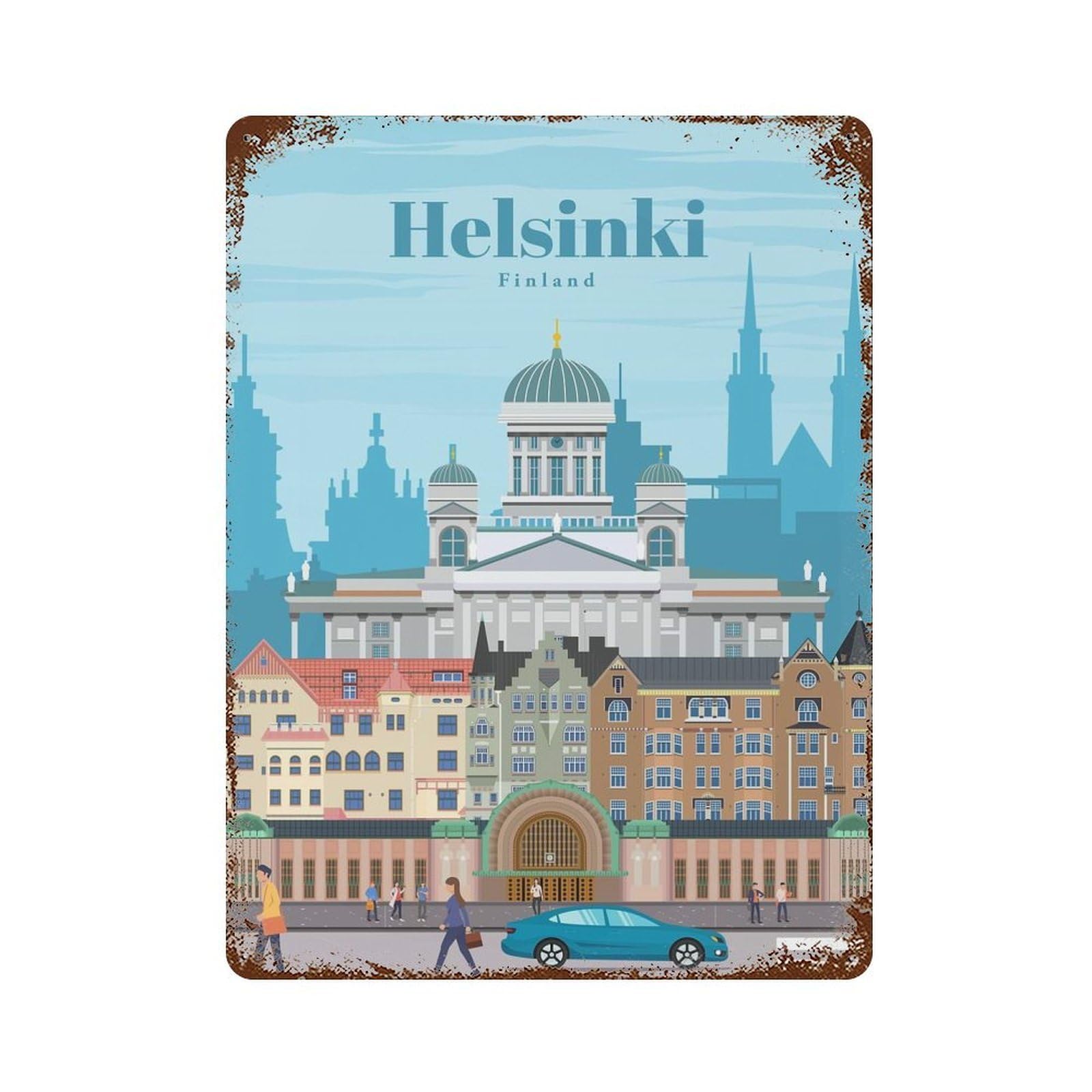 Vintage Rust Metal Sign with Travel to Helsinki Design 15.7"x11.8", for Shed, Workshop And Garage Wall Decor, Classic Wall Plaque