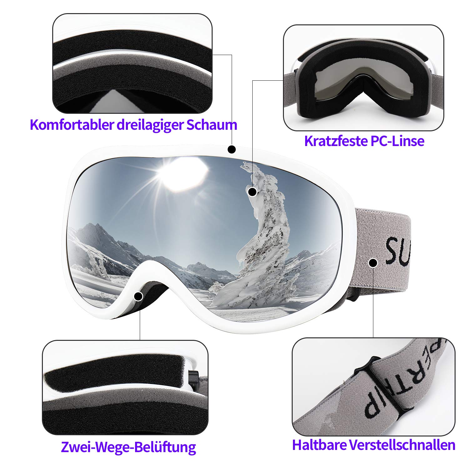 Supertrip Masques de Ski et Masques Femme Homme Lunettes de Snowboard pour Skieurs Protection Anti-buée UV400 Compatible avec Casque Sports d'hiver Ski