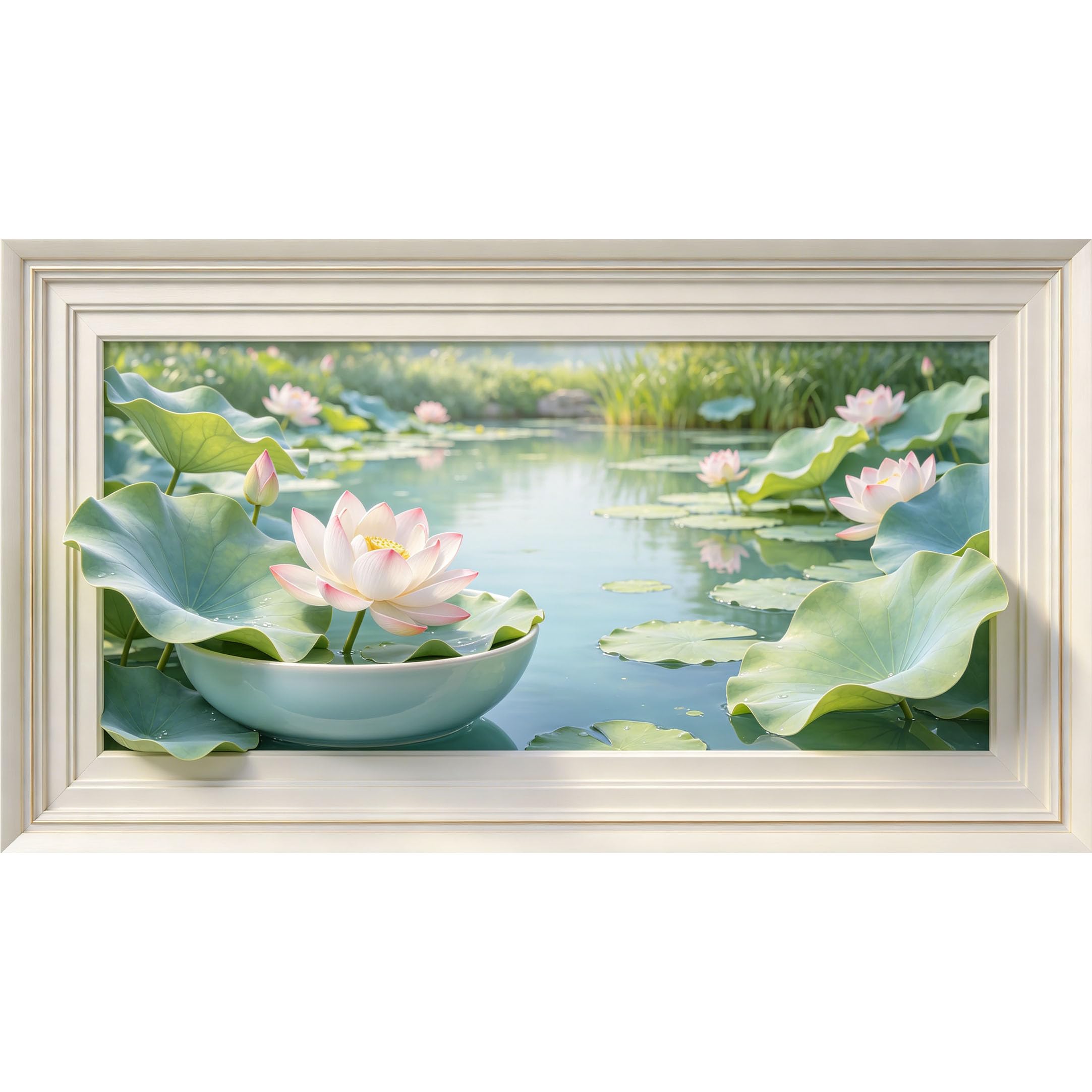 QZLITHOTIC 50×90cm3D Framed Wall Art， Zen Lotus Pond Botanical Water Landscape Self?Adhesive Mural， Water?Activated Peel & Stick Fabric Decor Wall Decal for Bedroom Living Room