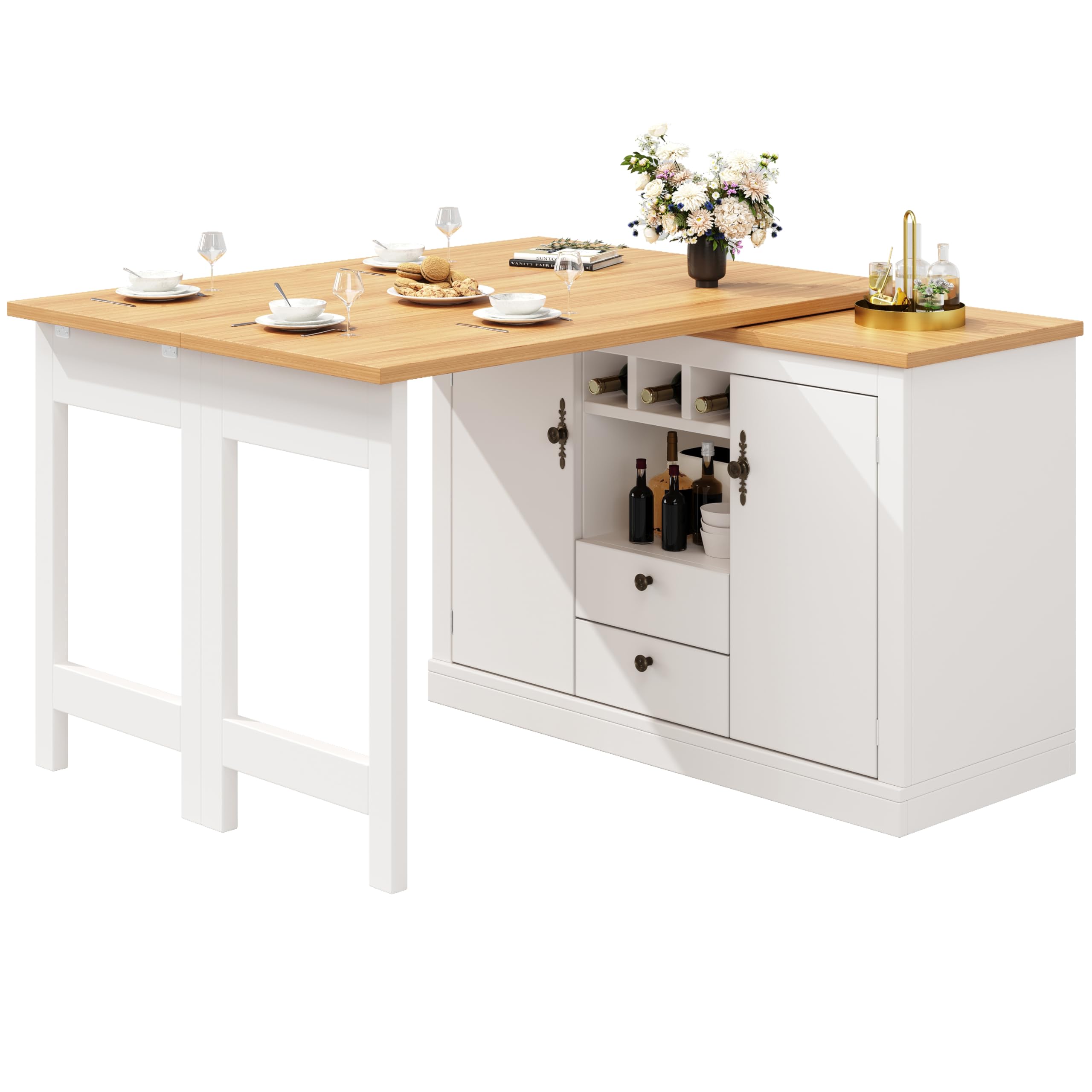REXO Mesa de bar extensible 120-180 cm con función giratoria de 360° y espacio de almacenamiento, mesa de pie de diseño de alta calidad, para salón, comedor, oficina en casa, color negro y blanco