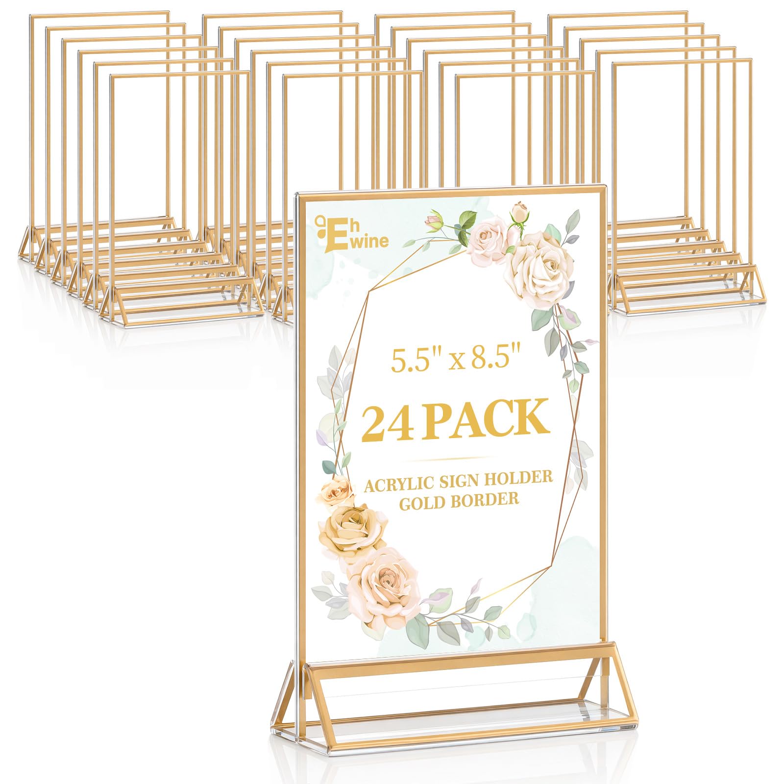 EHWINE 24 Stück Acryl-Schilderhalter, 14 x 21,6 cm, doppelseitig, goldfarbener Bilderrahmen, aufstellbar, Tischplattenhalter, transparenter Präsentationsständer, Menü-Flyer-Halter für Hochzeit, Party