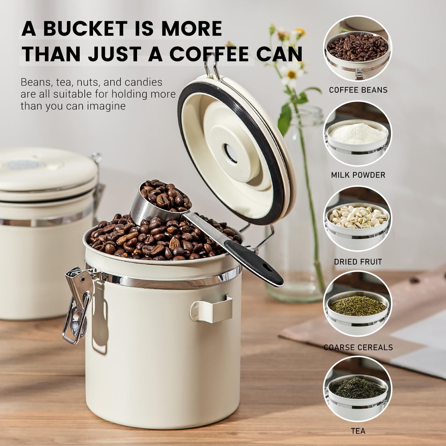 Airtight Coffee Container with Date Tracker & Spoon - Kitchen Storage Jar for Coffee Grounds, Cereal, Beans, Sugar (Black, 38OZ)