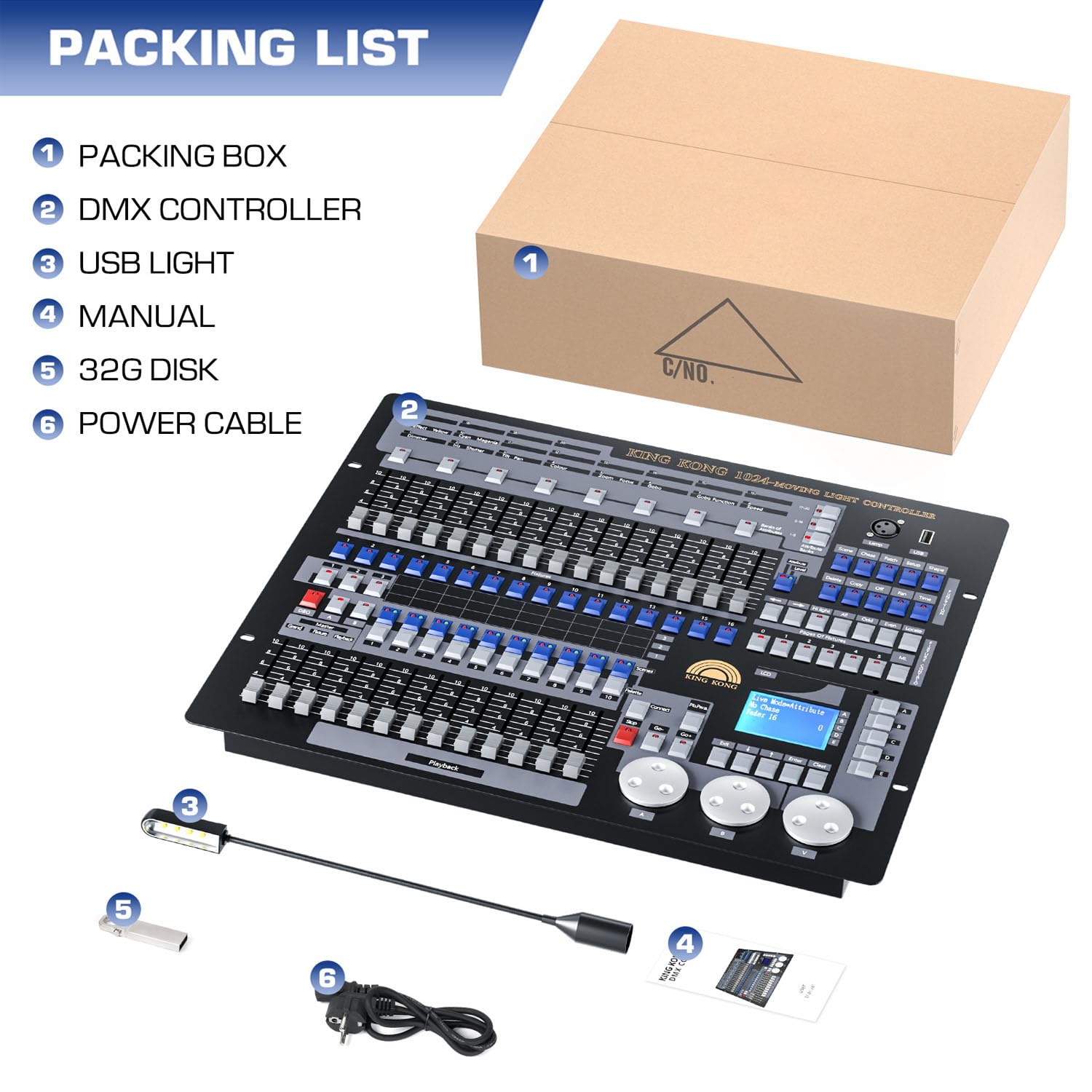 DMX - Controlador de luz, consola de luces de escenario 512, soporte de 60 escenas para 96 accesorios, equipo de DJ para fiestas, espectáculos de música, clubes con estuche de aviación