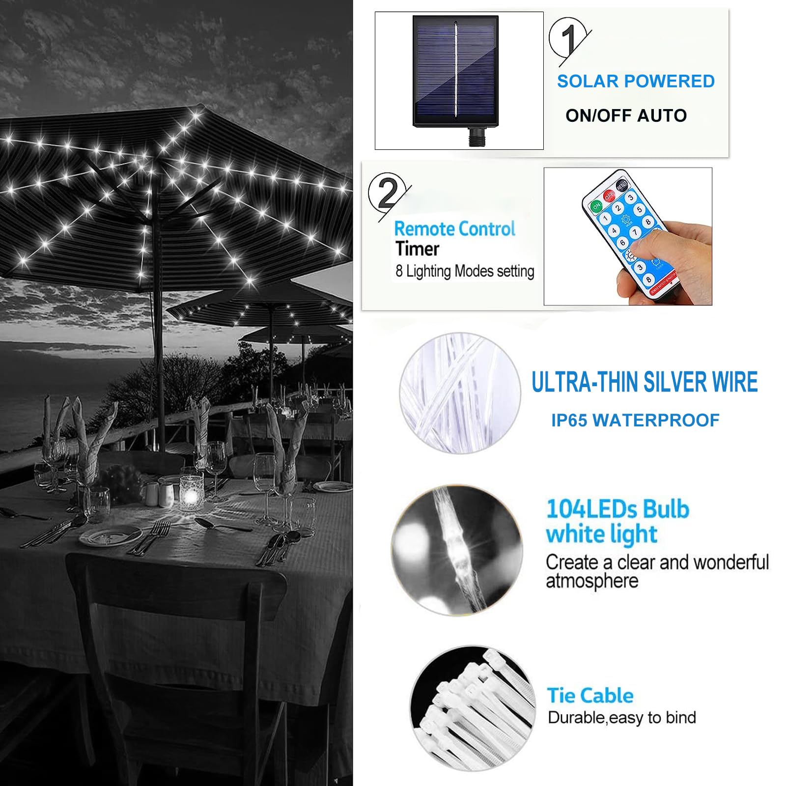 KINGCOO Guirlande Lumineuse Solaire Étanchée 104 LED Pour Parasol De Terrasse - 8 Modes, Télécommande, Idéale Extérieur, Camping (Blanc Froid)