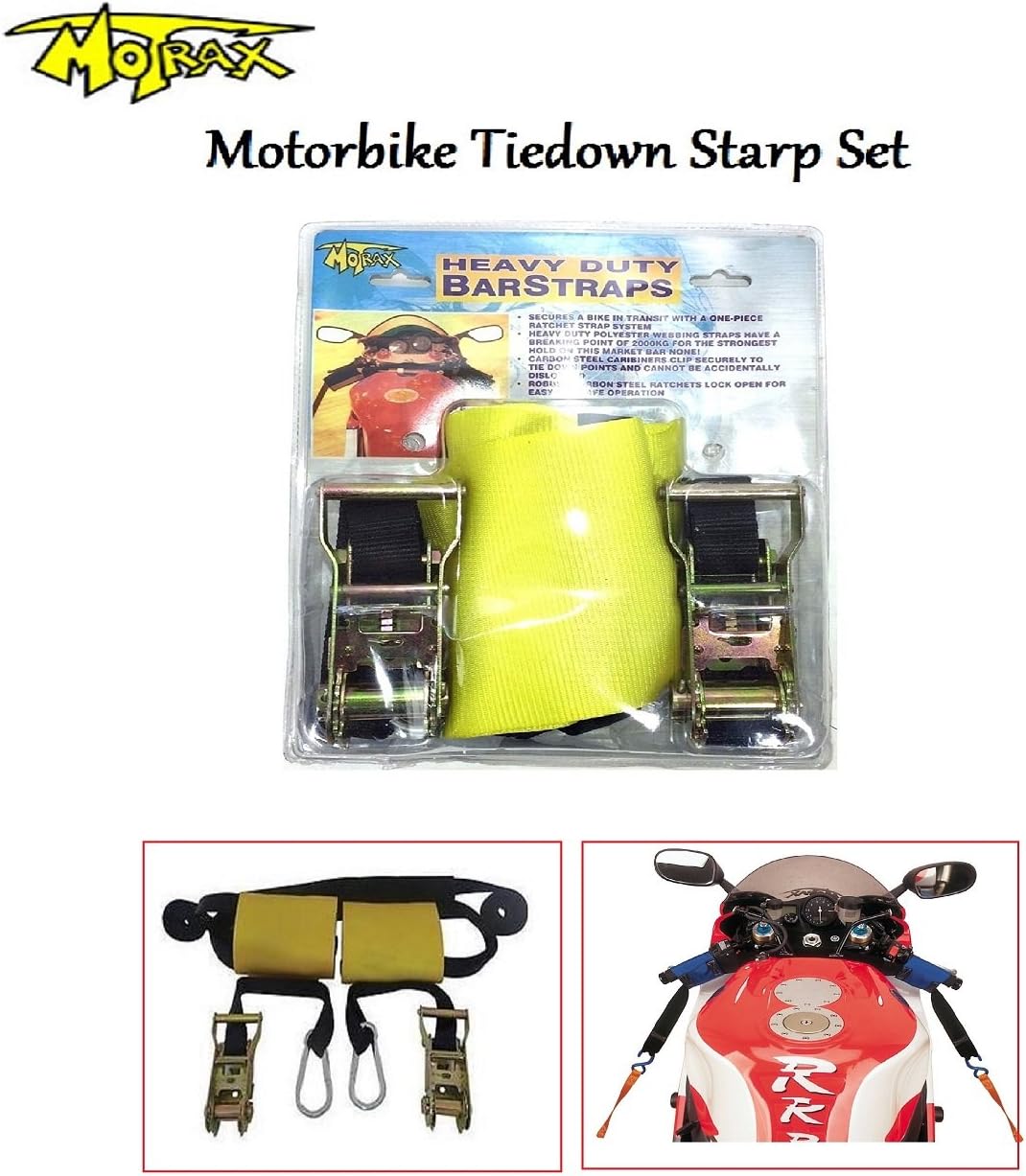 MOTORBIKE MOTRAX HANDLEBAR TIEDOWN STRAP SET Motorcycle Scotter Sportsbikes Heavy-Duty Transport Tie Down Ratchet Hooks