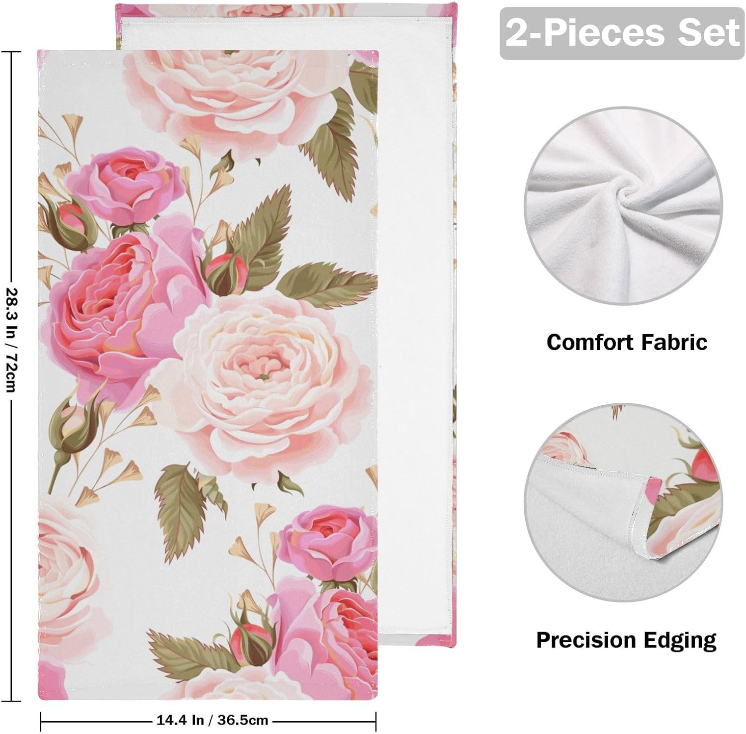 Flower Hand Towels for Bathroom Set of 2, 14" x 28" Pink Blossom Floral with Green Leaves Bath Towels Soft Absorbent Decorative Fingertip Towels Home Hotel Spa Gym Face Towels Kitchen Tea Dish Towels - Image 2