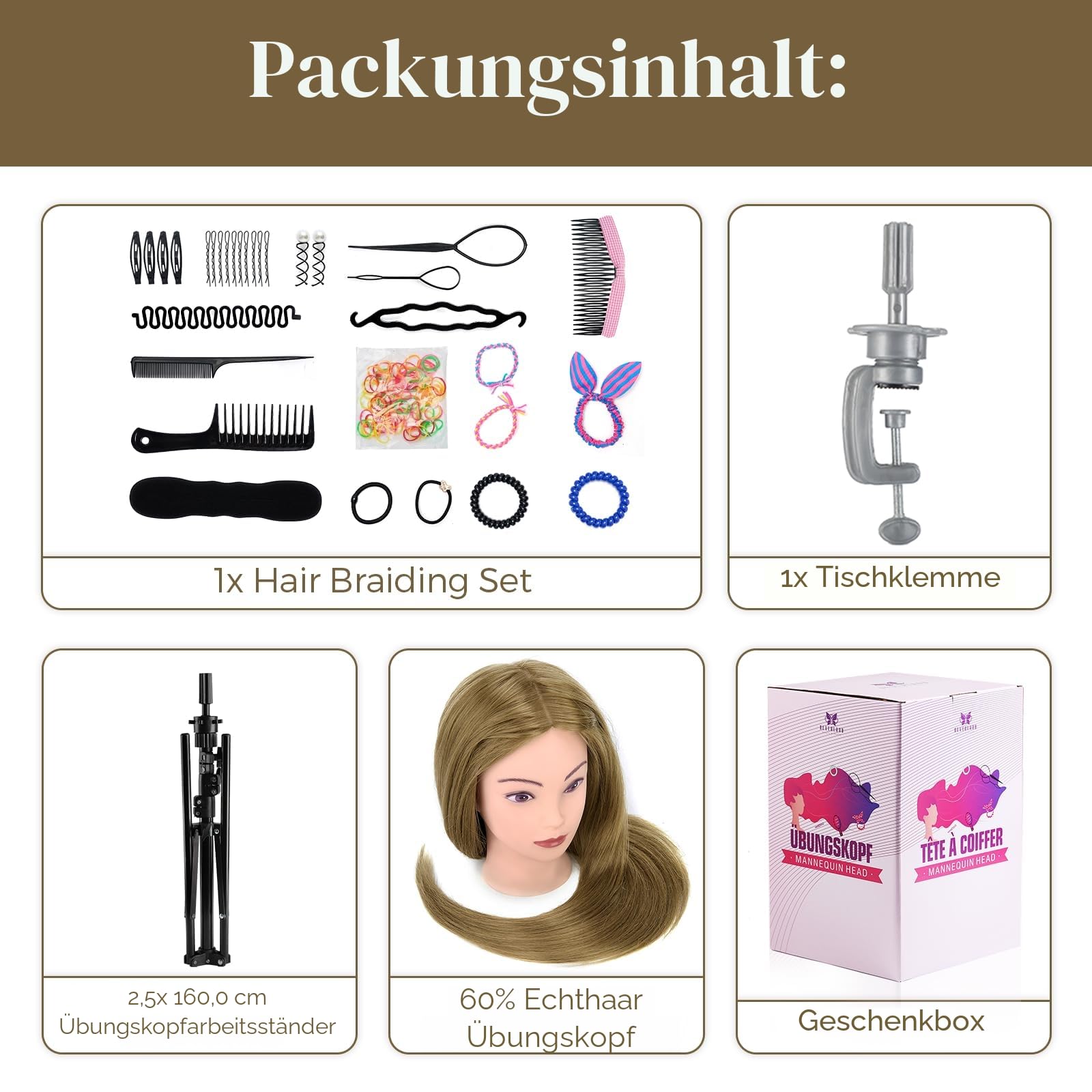 Neverland Beauty Frisierkopf mit Übungskopf ständer,71cm 60% Frisierkopf Echthaar,Puppenkopf zum Frisieren,Trainingsköpfe für Friseure Ausbildung Kopf Mit Halter + DIY Haare Set(Blond)