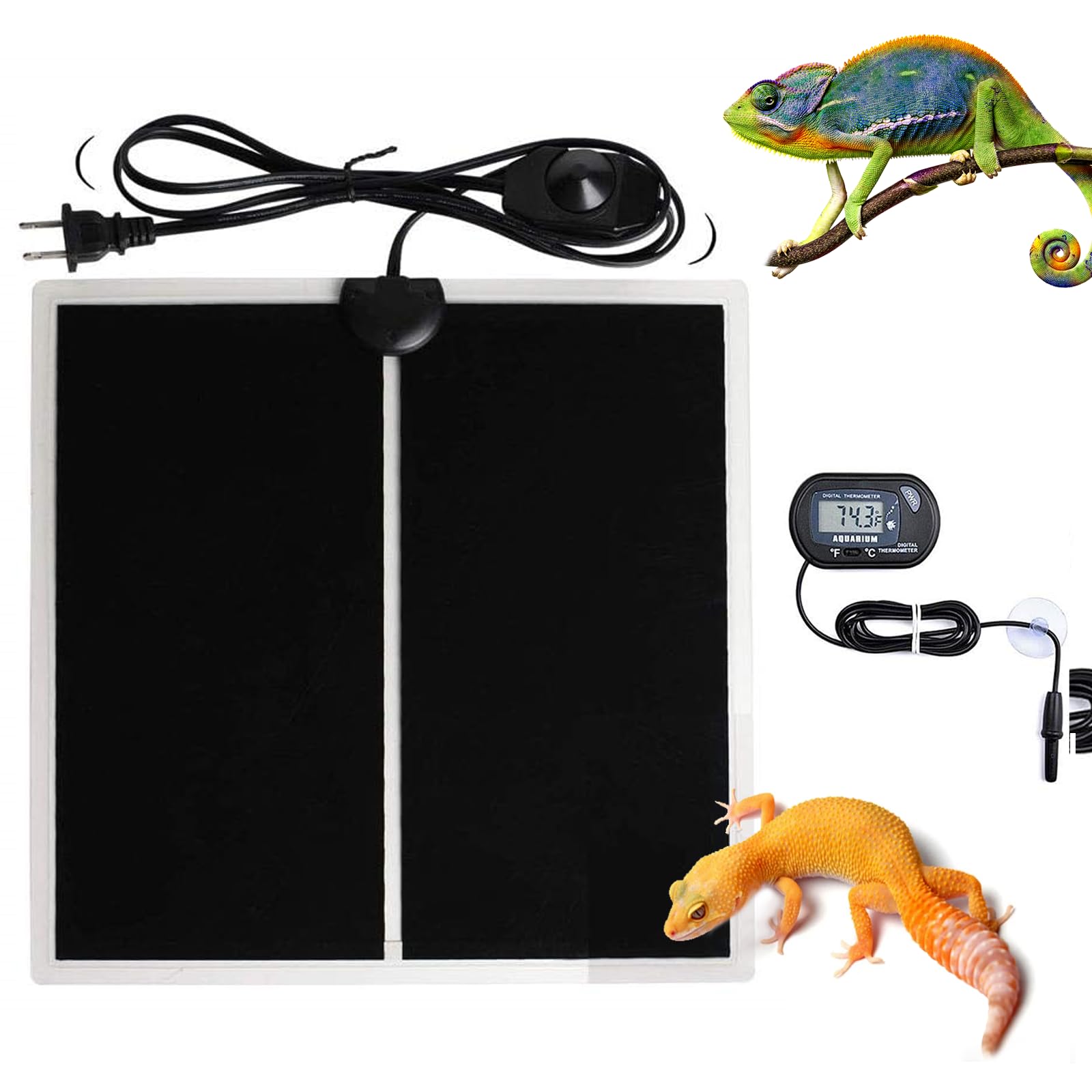 MQ Reptile Terrarium Heat Pad with LCD Digital Aquarium Thermometer, 5.5 x 6in Power Adjustment Under Tank Heater Mat for Pets, Small Animals, Seedling, 5W
