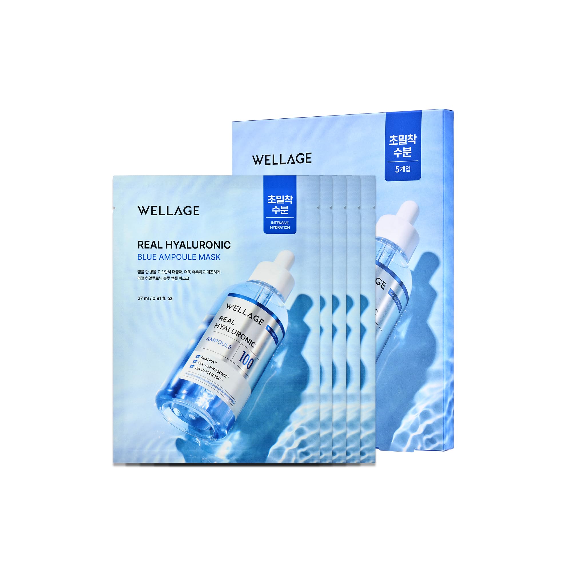 WELLAGE Real Hyaluronic Blue Ampoule Face Mask - Korean Hydratig Mask Moisture Boost with 10,000ppm Ultra-Low Molecular Hyaluronic Acid - Soft Vegan Cashmere Sheet for Sensitive Skin, 5 Sheets